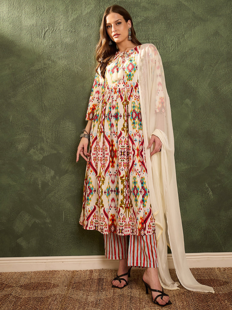 Women's Red Multi Ikat Dori Gathered Kurta Set with Dupatta