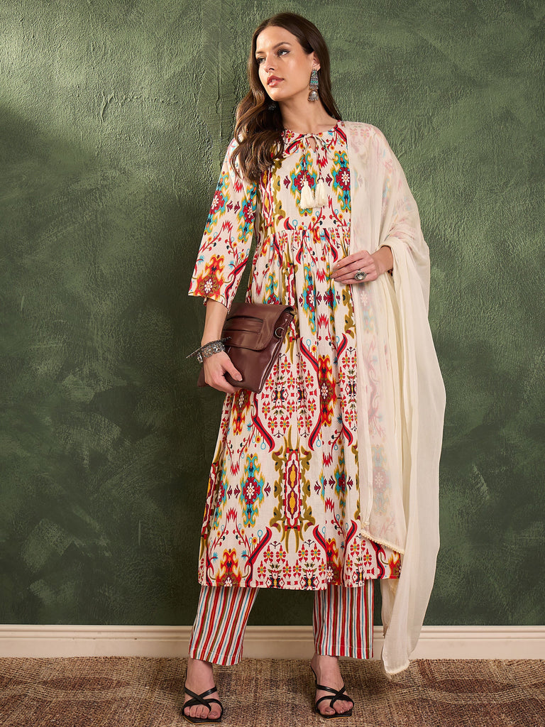 Women's Red Multi Ikat Dori Gathered Kurta Set with Dupatta