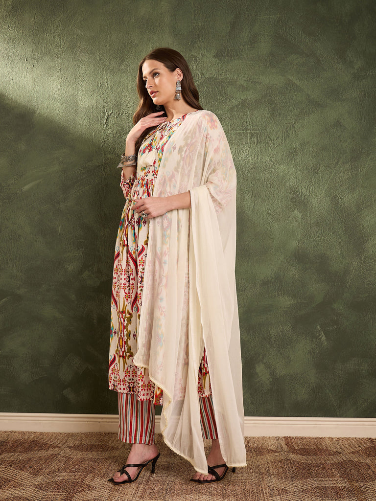 Women's Red Multi Ikat Dori Gathered Kurta Set with Dupatta