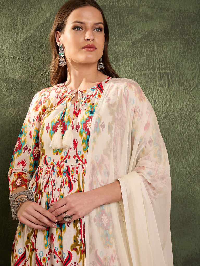 Women's Red Multi Ikat Dori Gathered Kurta Set with Dupatta