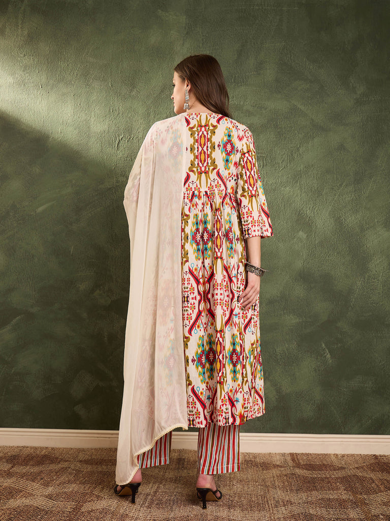 Women's Red Multi Ikat Dori Gathered Kurta Set with Dupatta