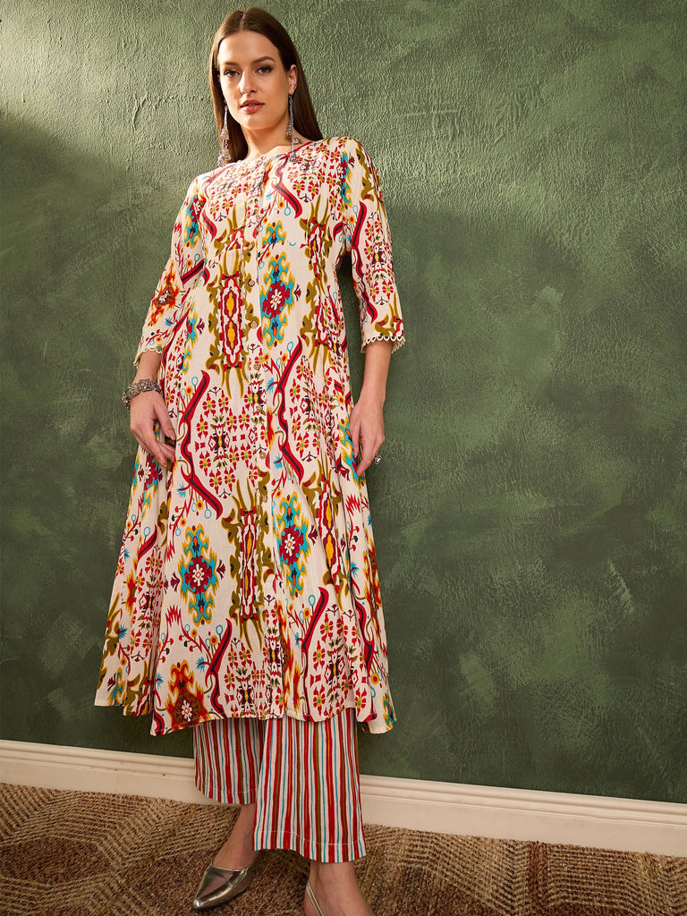 Women's Red Multi Ikat Front Button Kurta With Pants