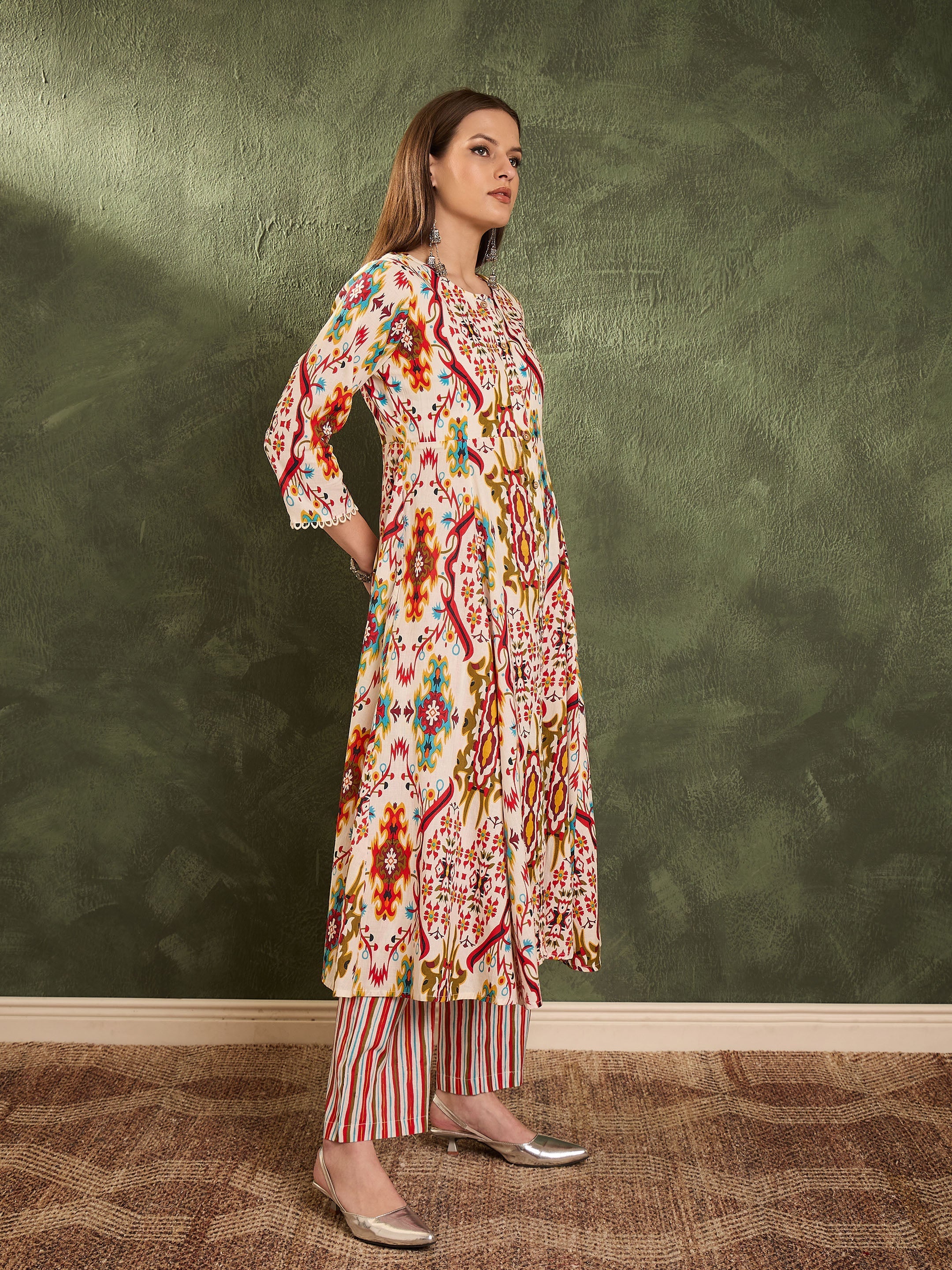 Women's Red Multi Ikat Front Button Kurta With Pants