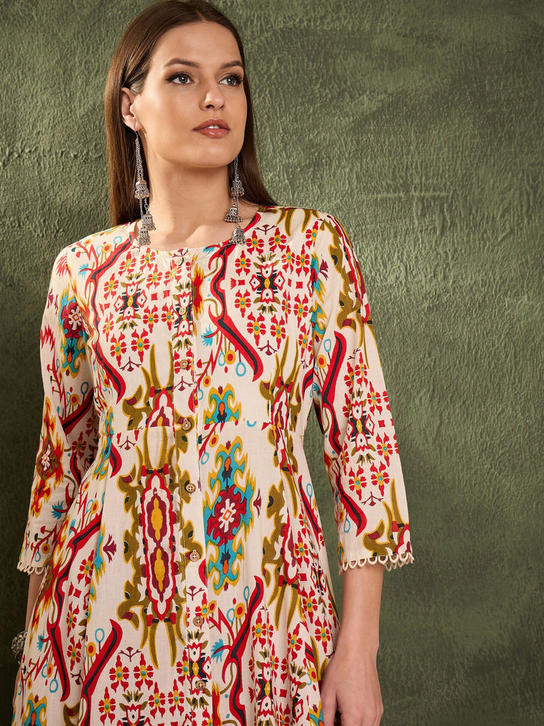 Women's Red Multi Ikat Front Button Kurta With Pants