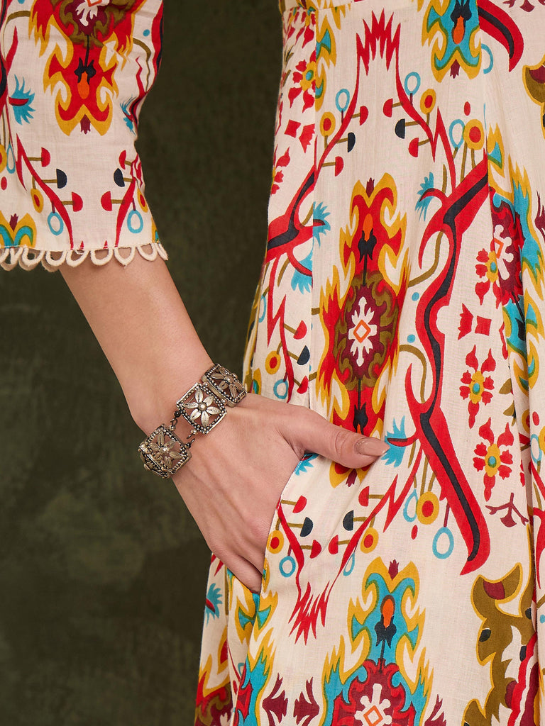 Women's Red Multi Ikat Front Button Kurta With Pants