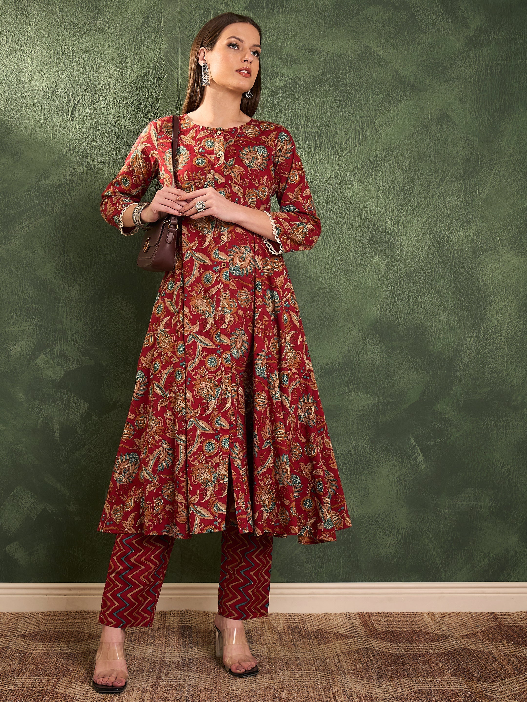 Women's Maroon Floral Button Pocket Anarkali Kurta With Pant