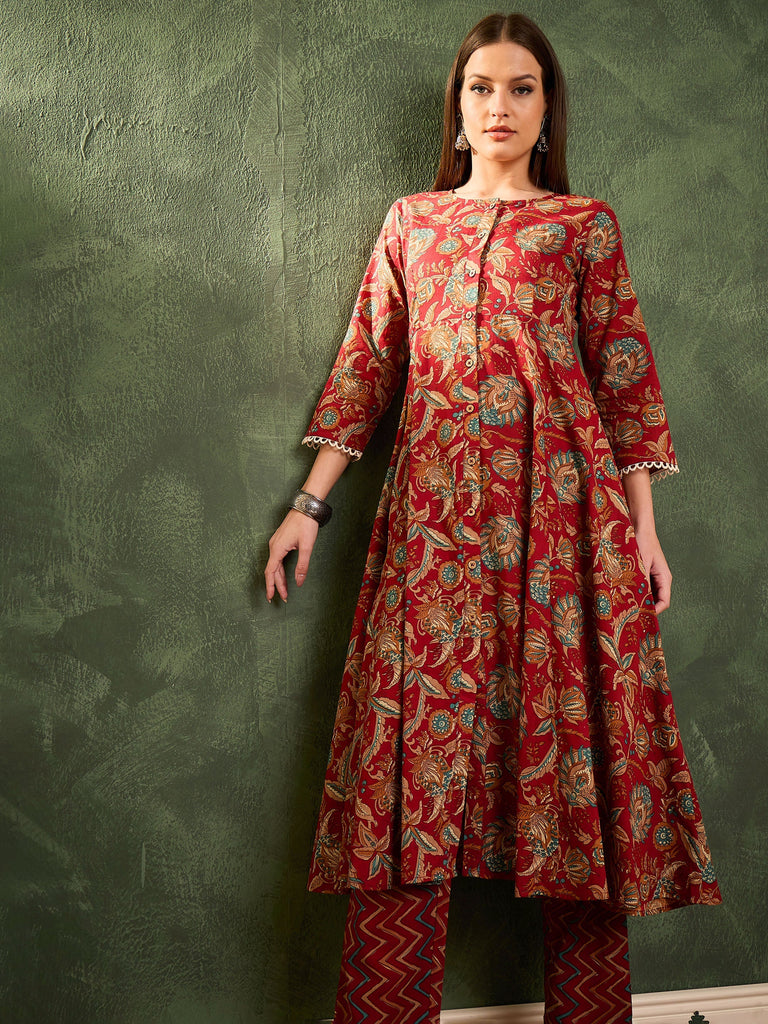 Women's Maroon Floral Button Pocket Anarkali Kurta With Pant