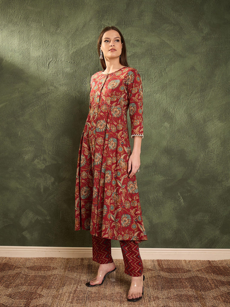 Women's Maroon Floral Button Pocket Anarkali Kurta With Pant