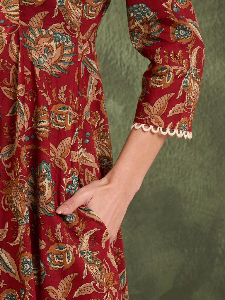 Women's Maroon Floral Button Pocket Anarkali Kurta With Pant