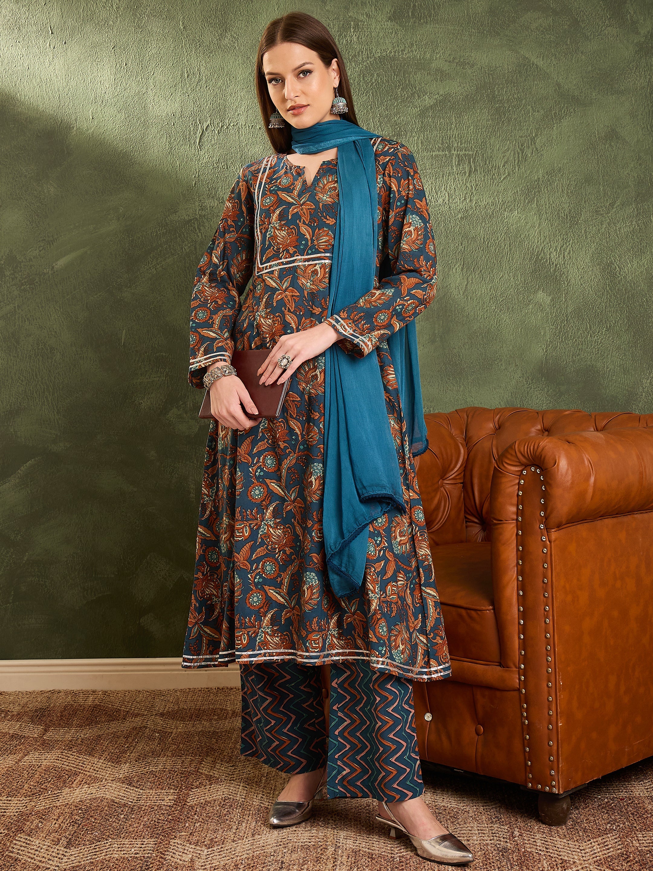 Women's Teal Floral Front Yoke Kurta Set with Dupatta