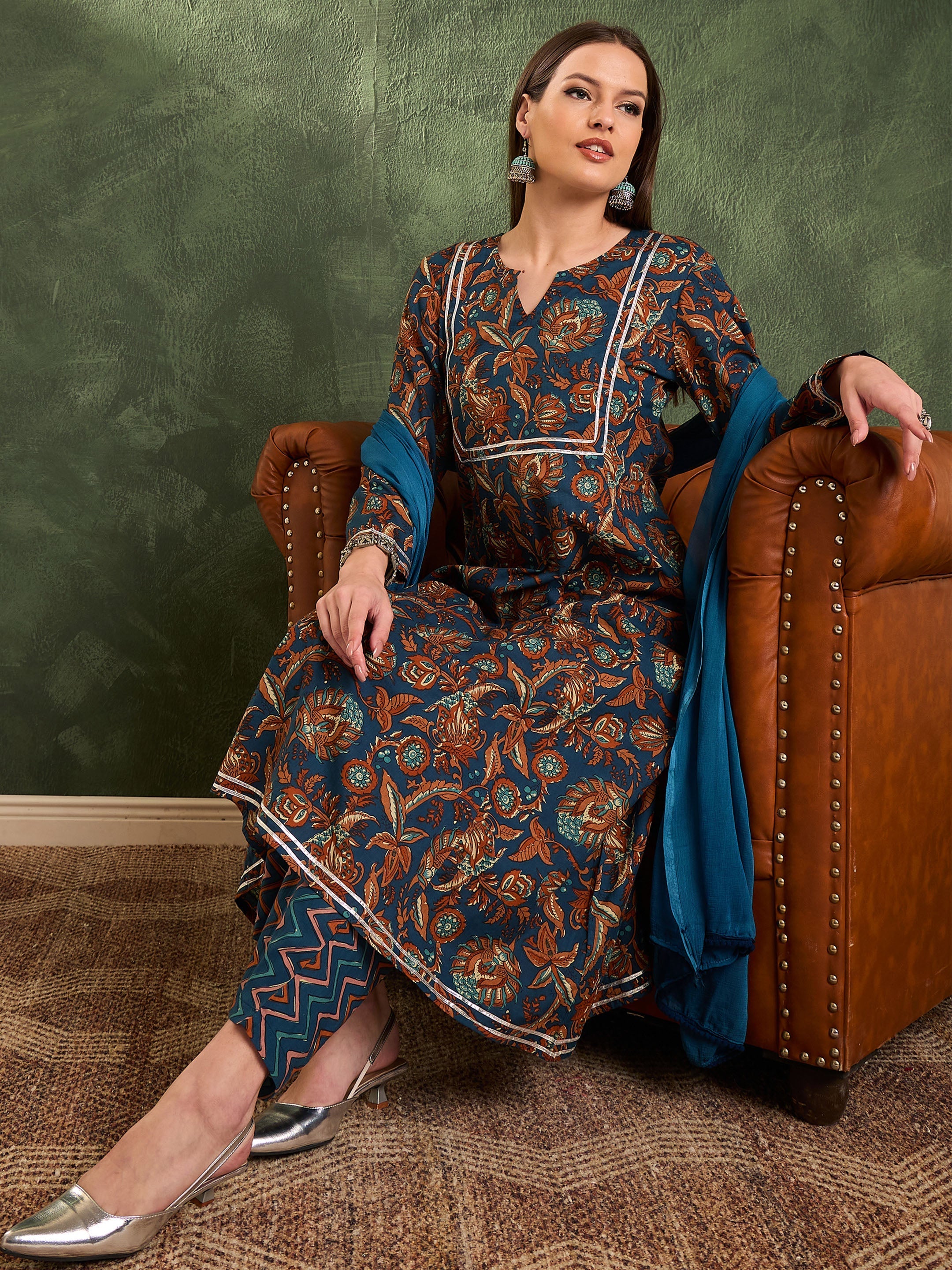 Women's Teal Floral Front Yoke Kurta Set with Dupatta