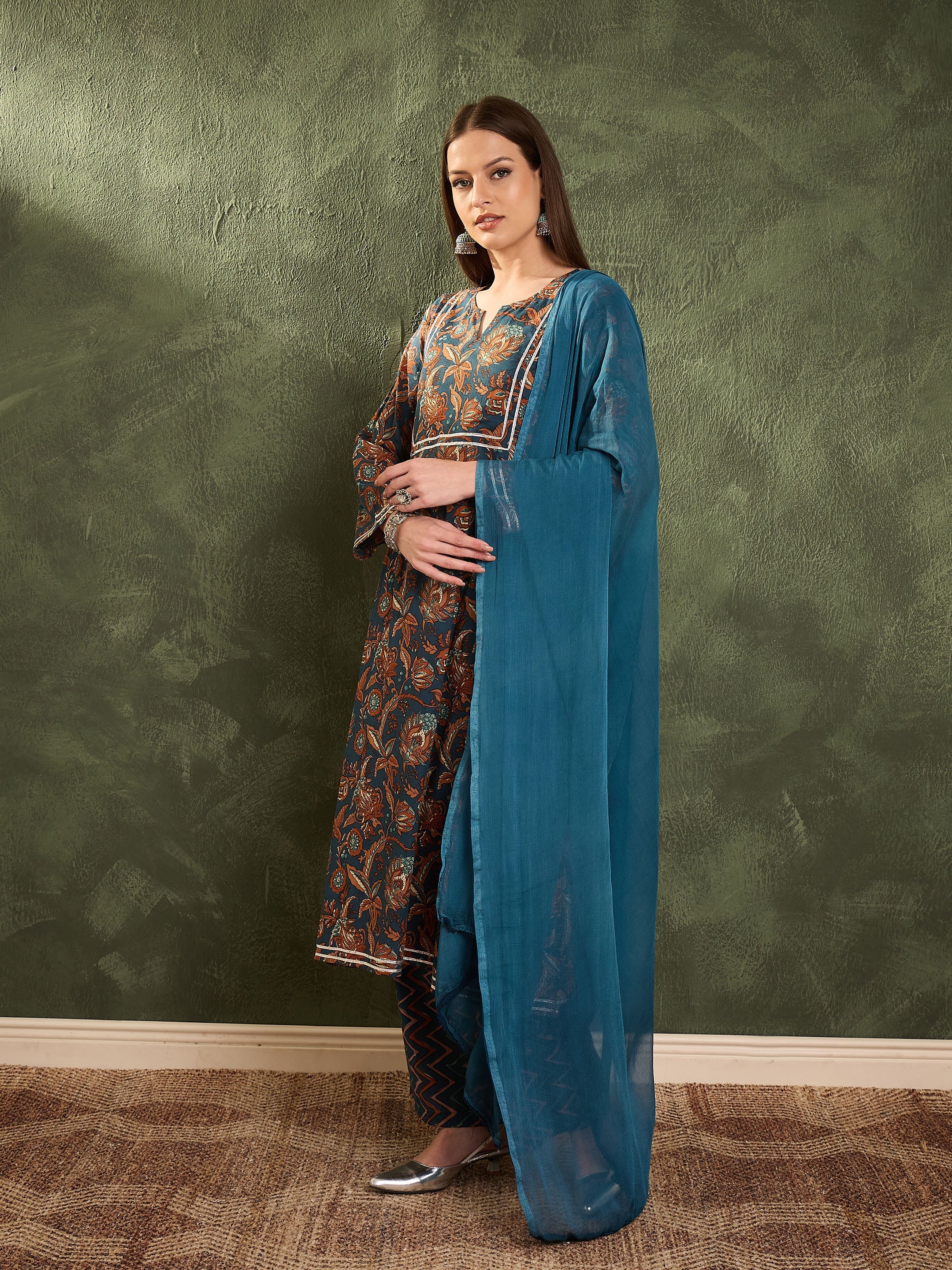 Women's Teal Floral Front Yoke Kurta Set with Dupatta