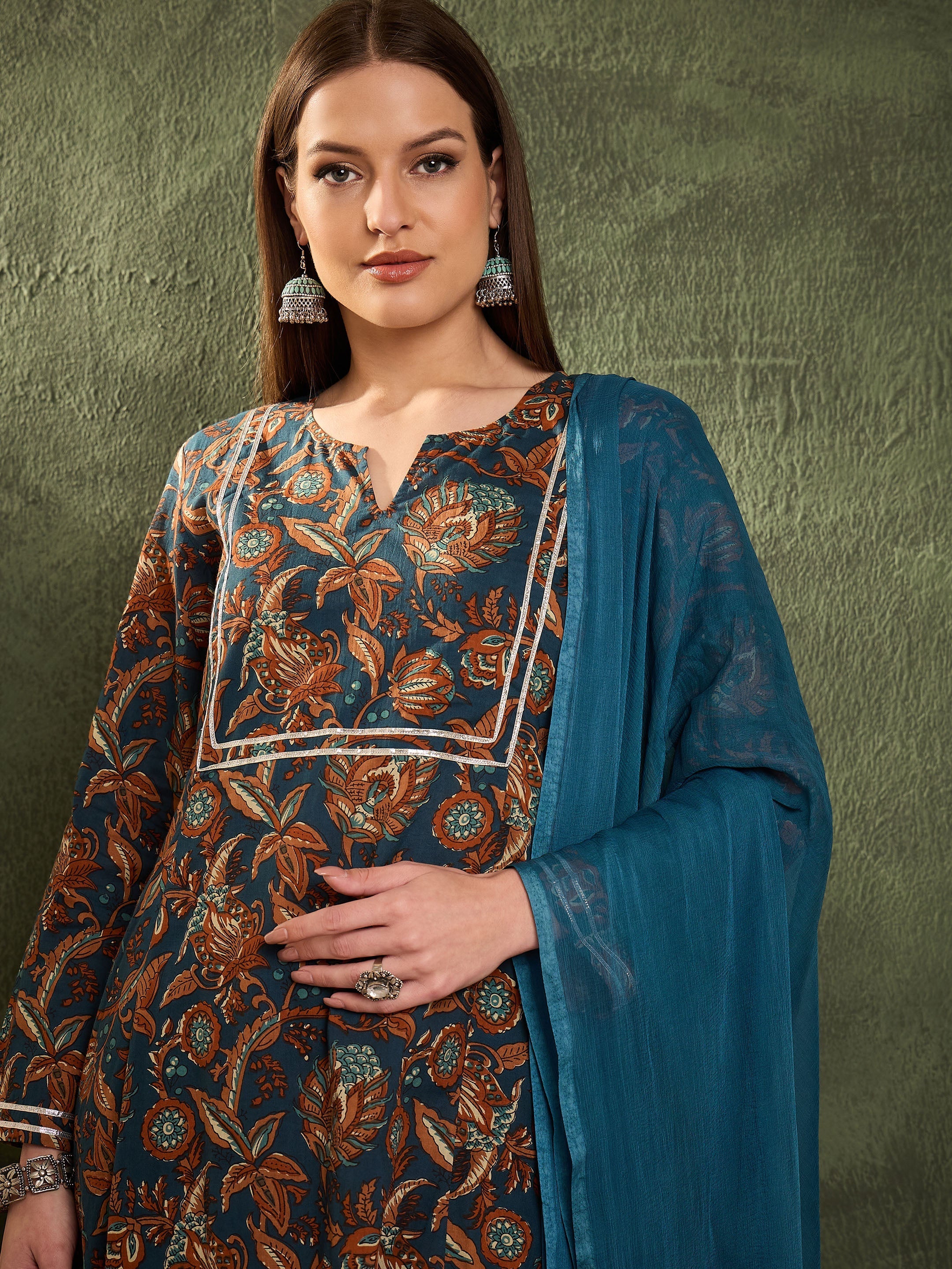 Women's Teal Floral Front Yoke Kurta Set with Dupatta