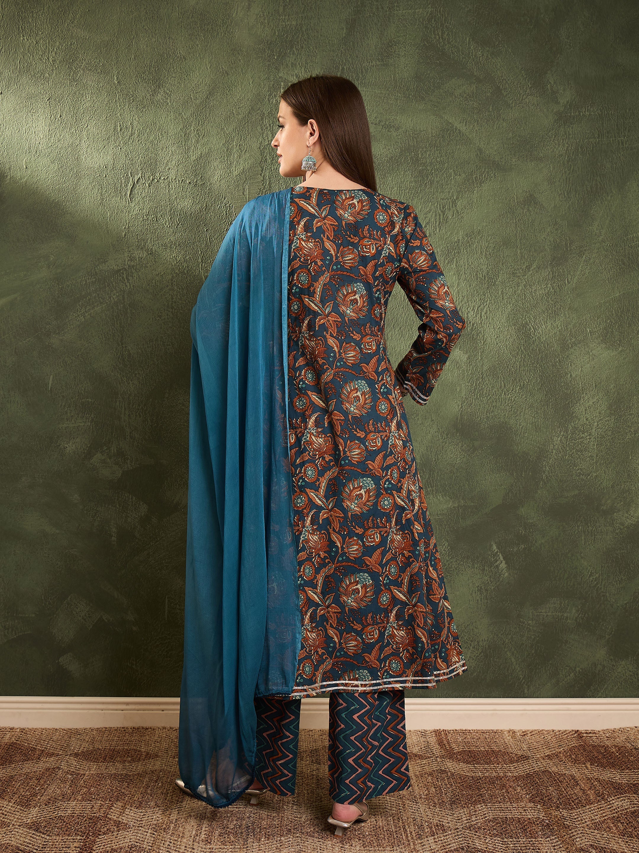 Women's Teal Floral Front Yoke Kurta Set with Dupatta