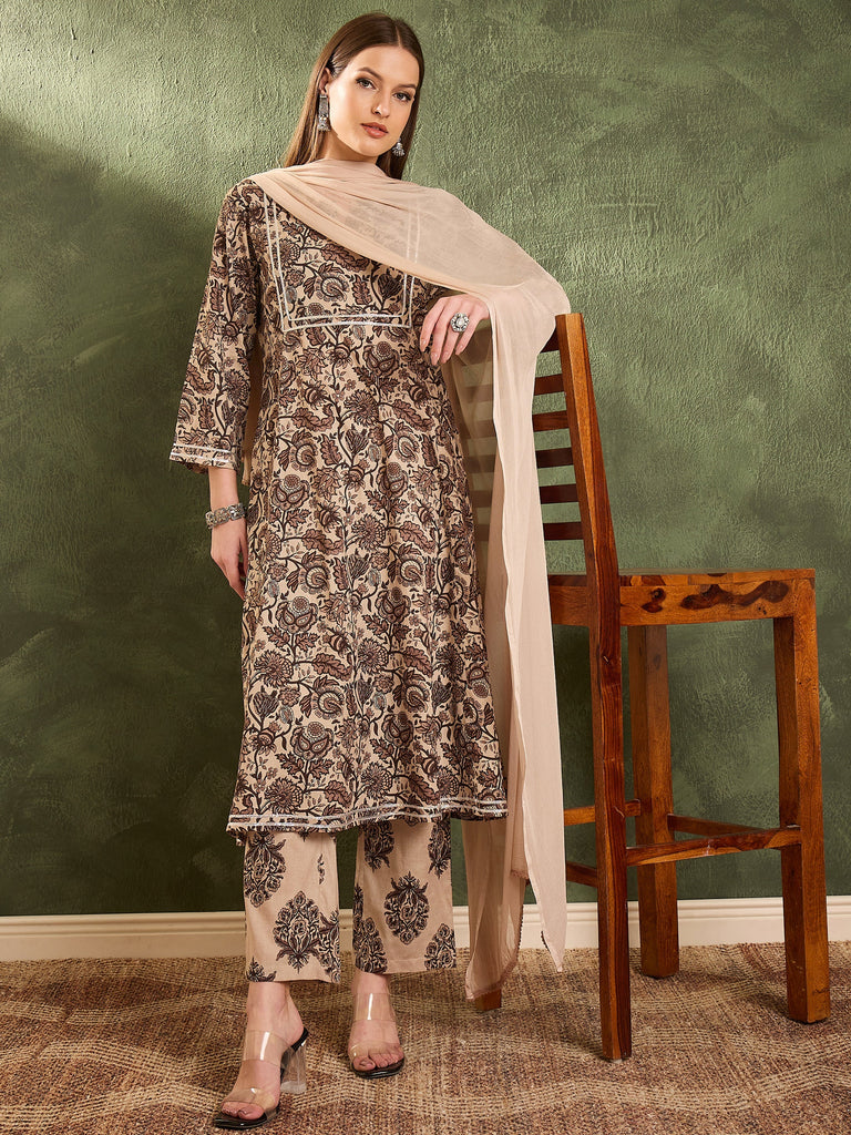 Women's Brown & Beige Floral Yoke Kurta Set with Dupatta