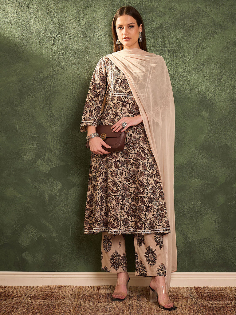 Women's Brown & Beige Floral Yoke Kurta Set with Dupatta