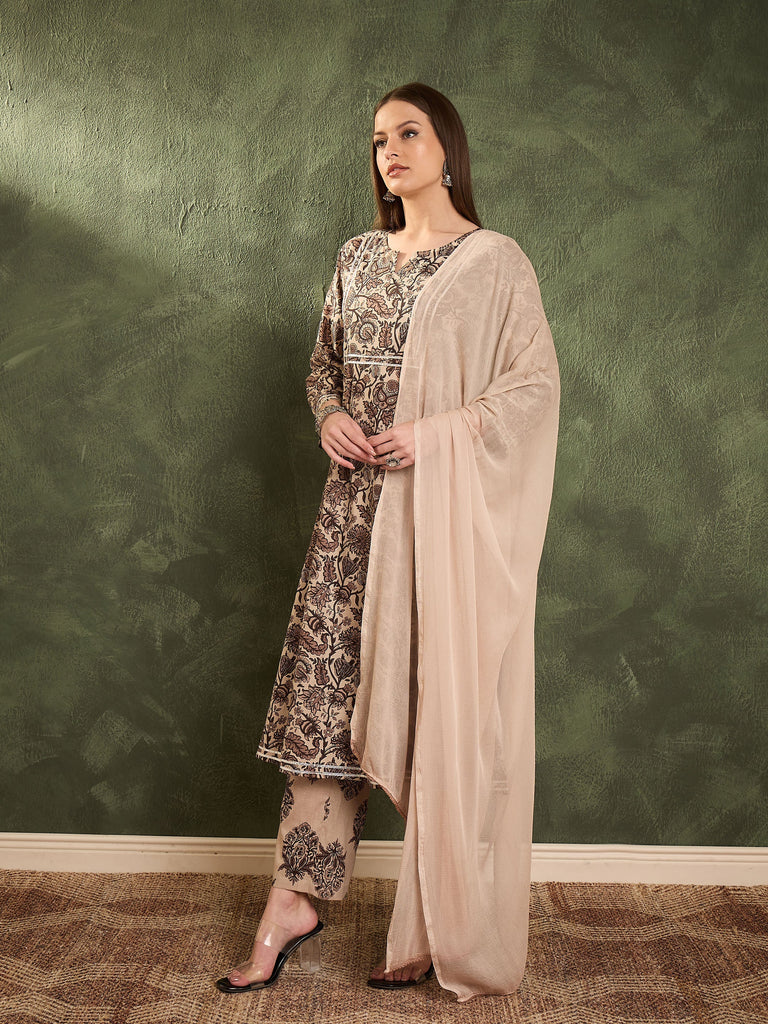 Women's Brown & Beige Floral Yoke Kurta Set with Dupatta
