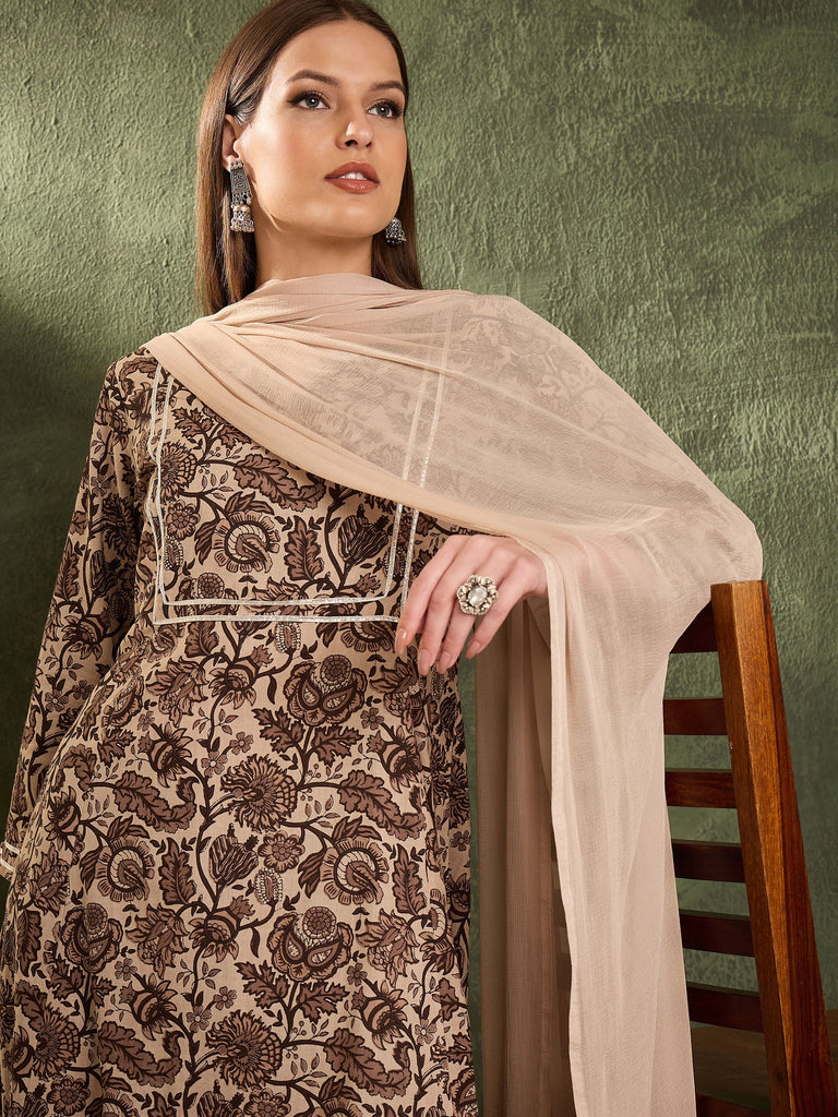 Women's Brown & Beige Floral Yoke Kurta Set with Dupatta