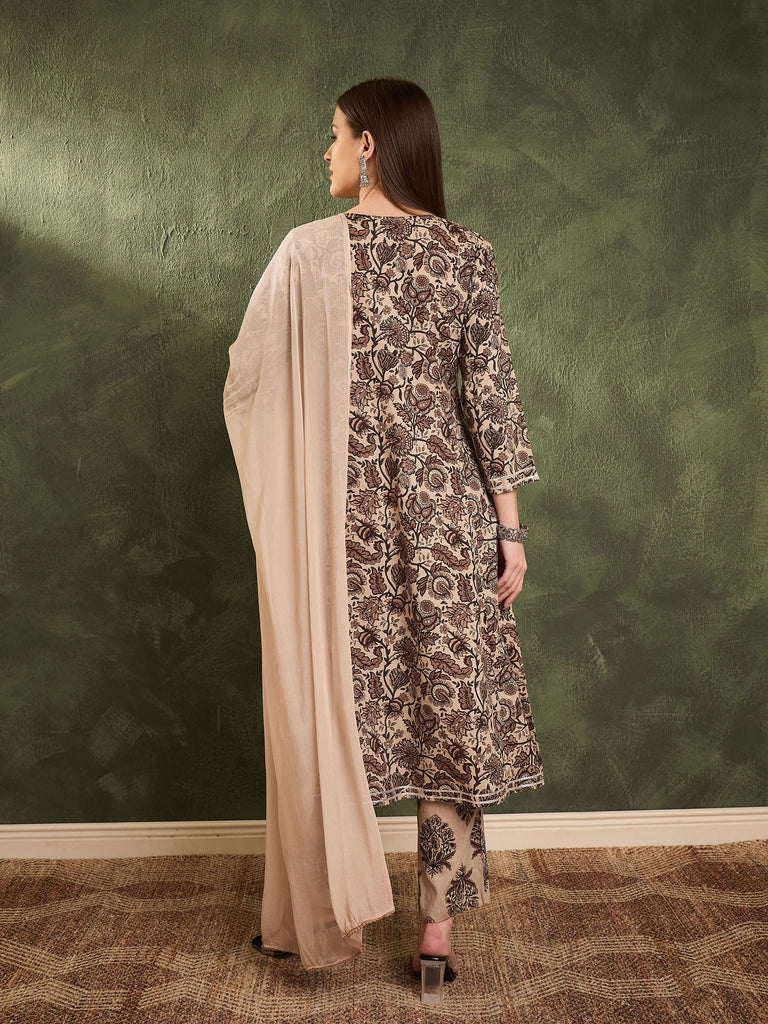 Women's Brown & Beige Floral Yoke Kurta Set with Dupatta