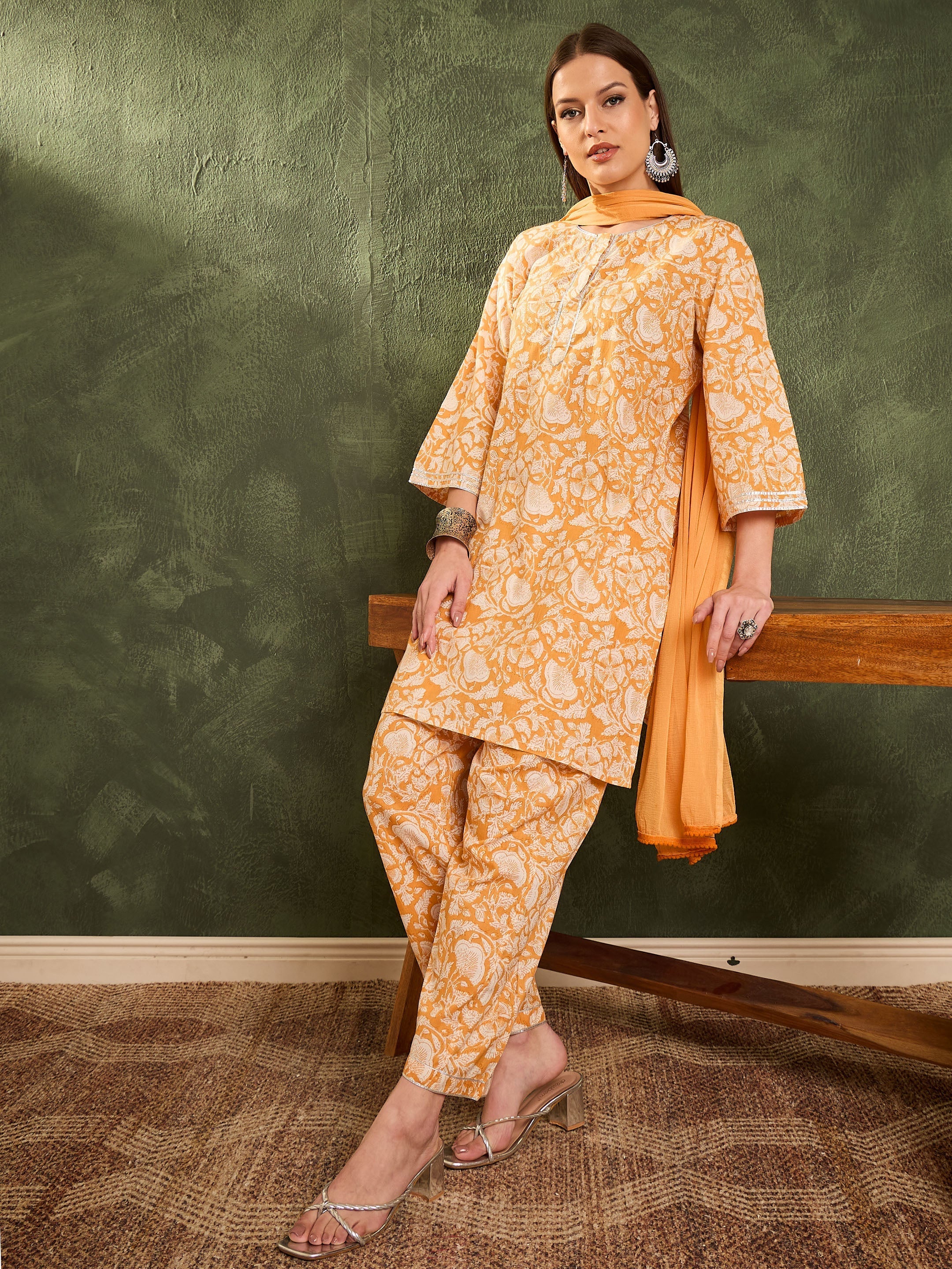 Women's Yellow Floral Lace Short Kurta With Salwar & Dupatta