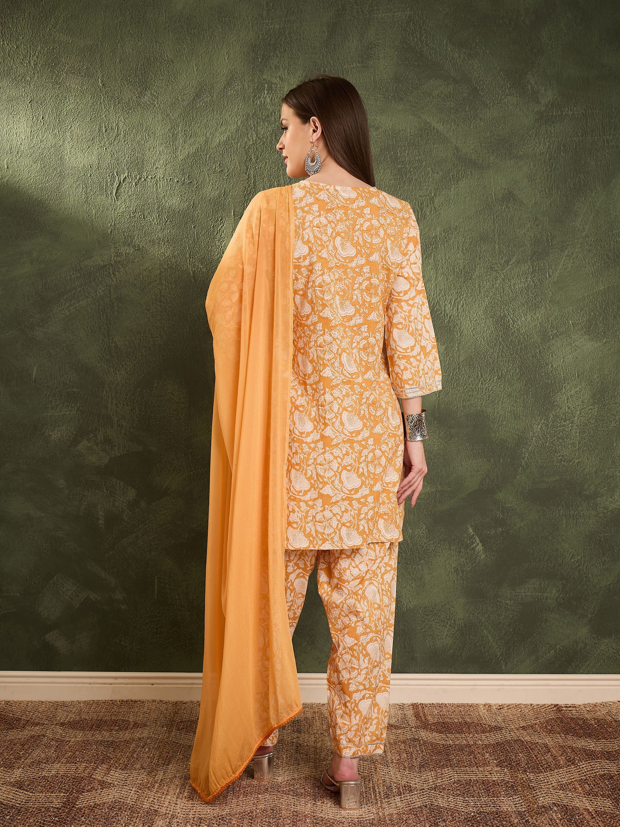 Women's Yellow Floral Lace Short Kurta With Salwar & Dupatta
