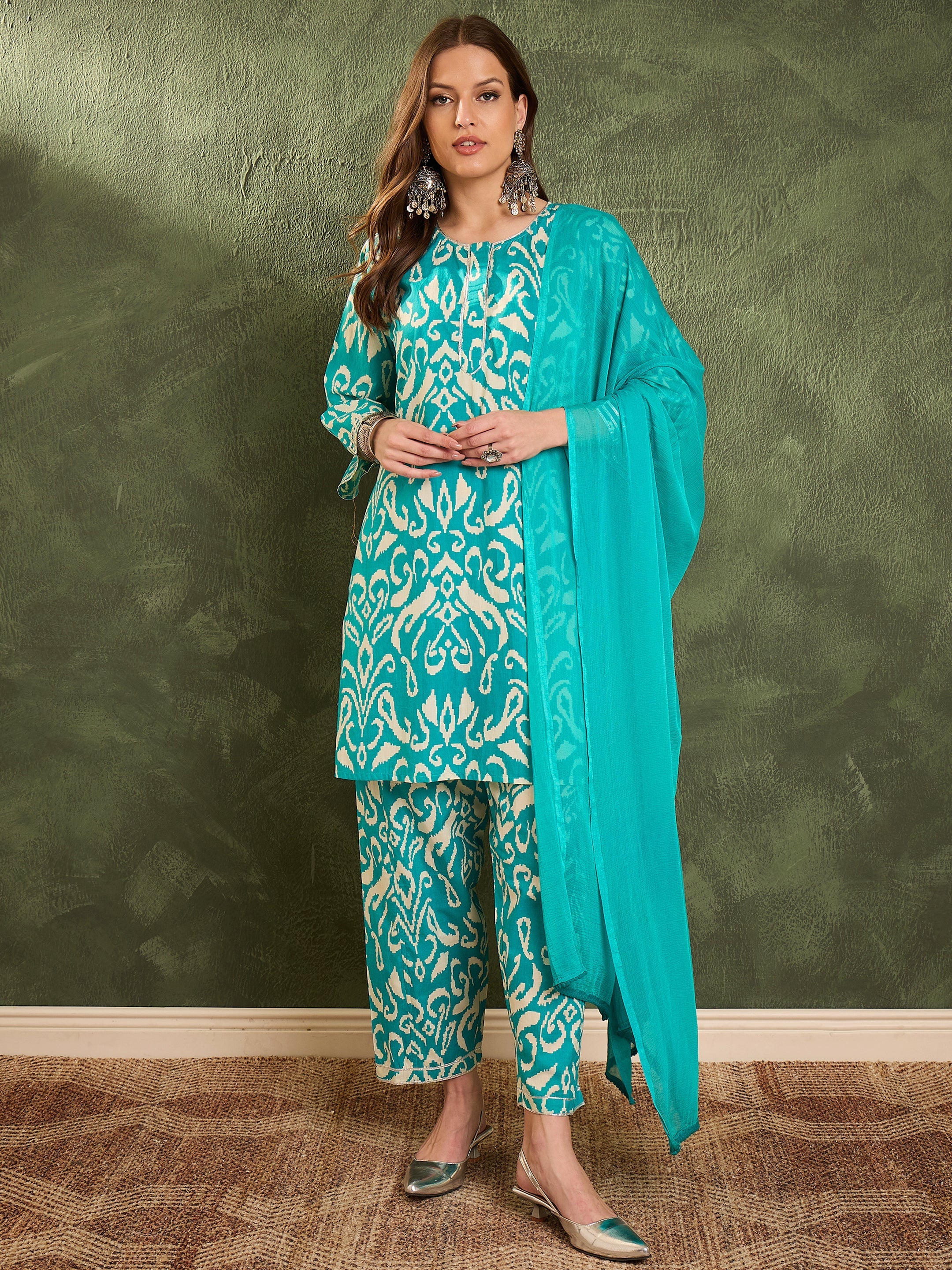 Women's Turquoise Ikat Short Kurta With Salwar & Dupatta