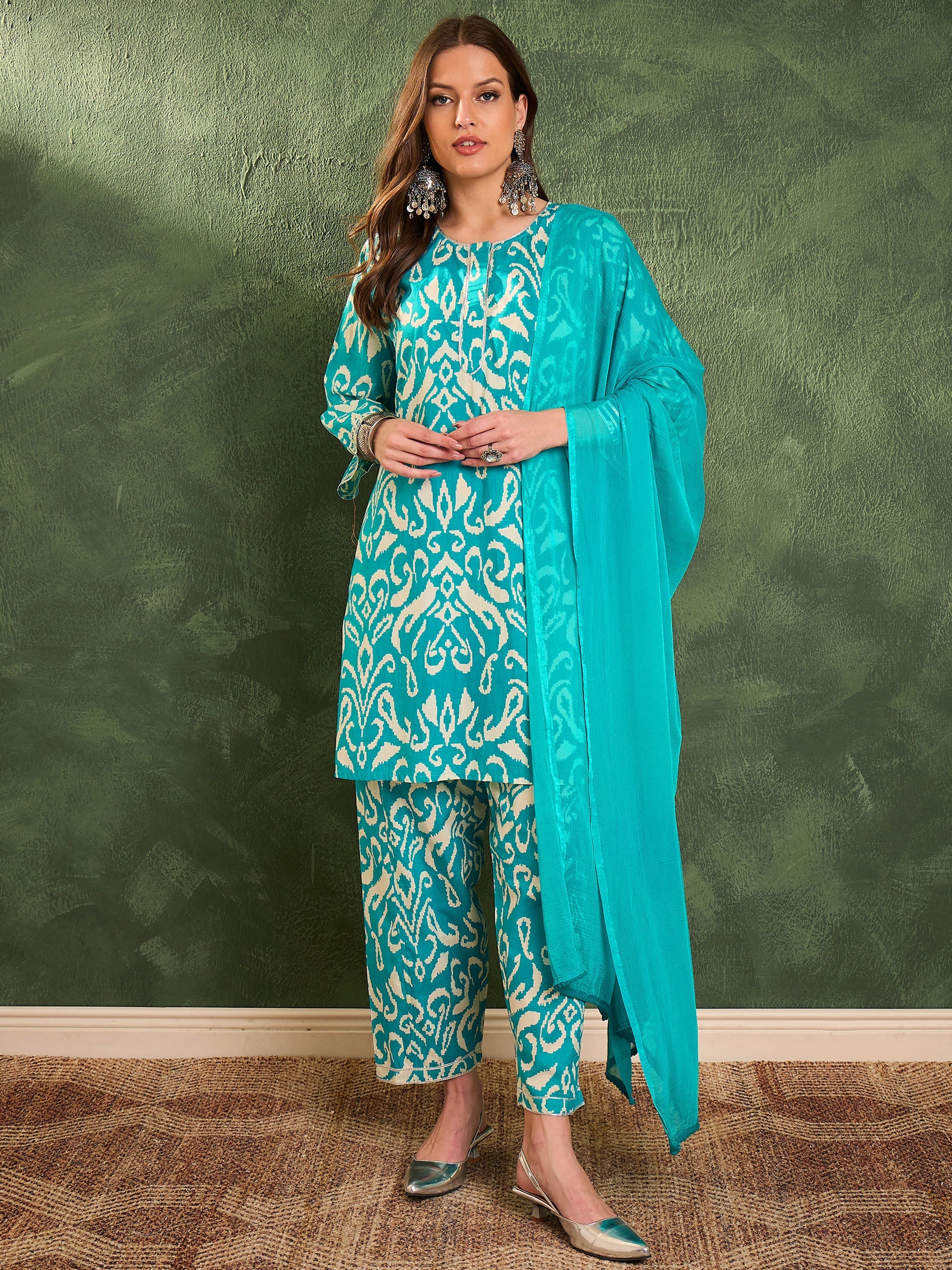 Women's Turquoise Ikat Short Kurta With Salwar & Dupatta
