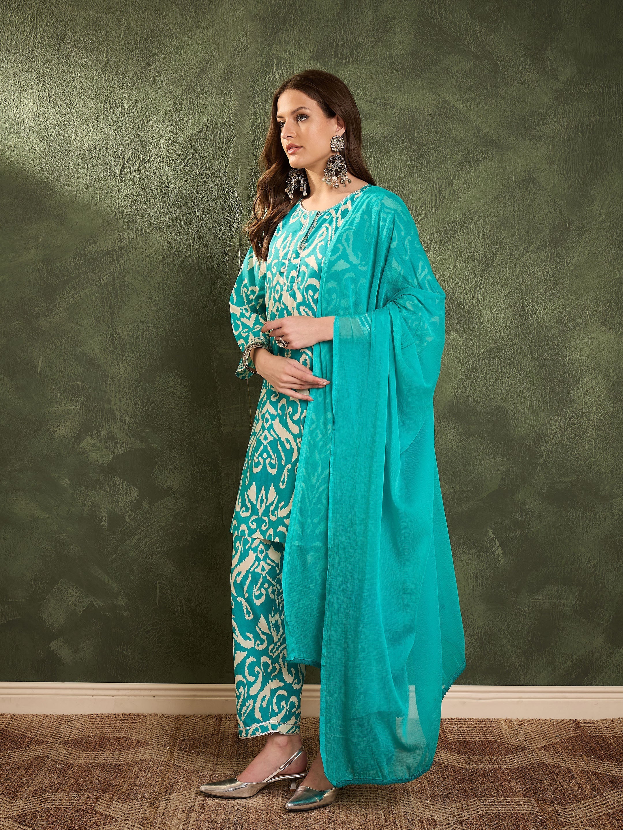 Women's Turquoise Ikat Short Kurta With Salwar & Dupatta