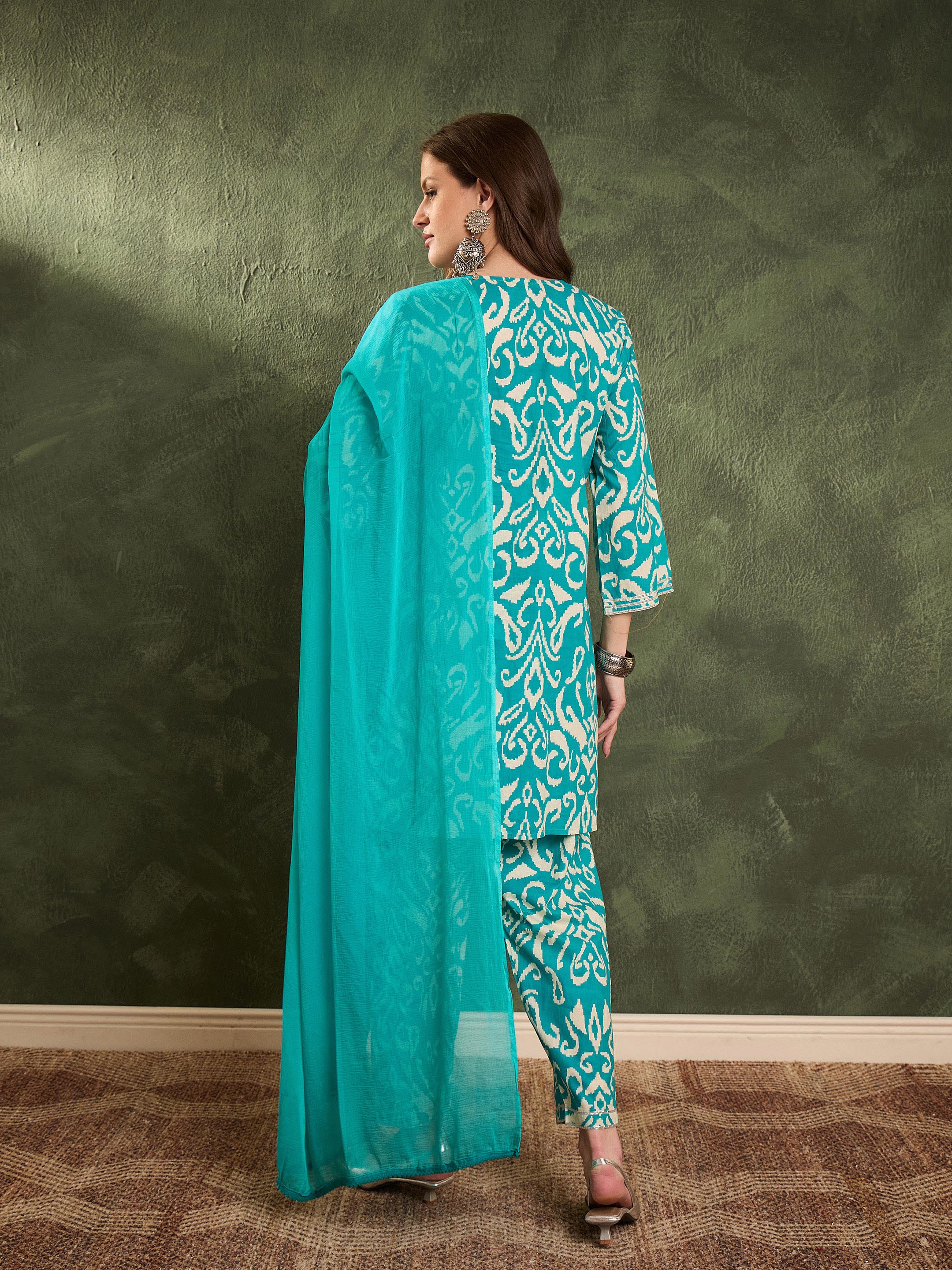 Women's Turquoise Ikat Short Kurta With Salwar & Dupatta