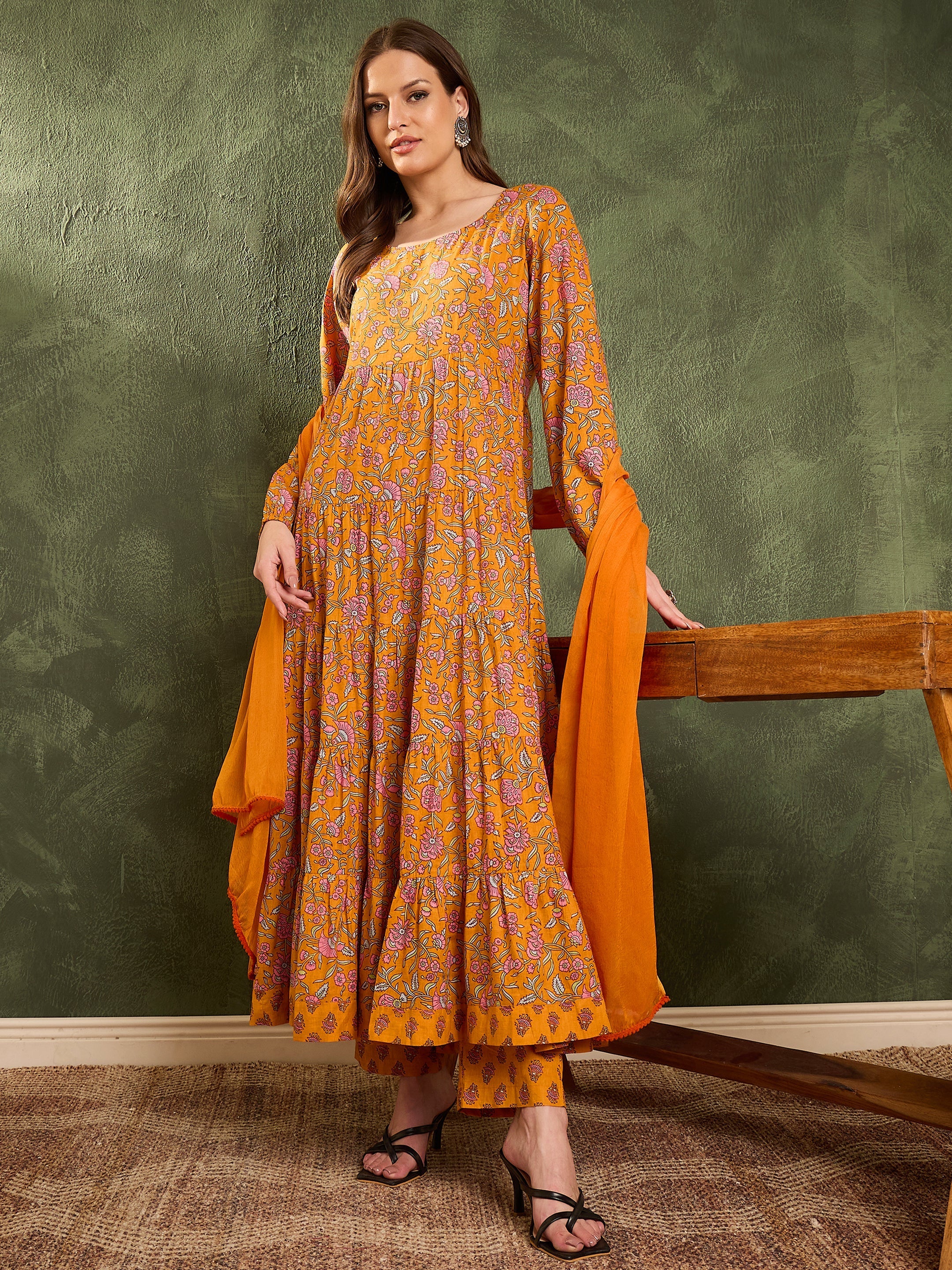 Women's Mustard Floral Tiered Anarkali Kurta Set with Dupatta