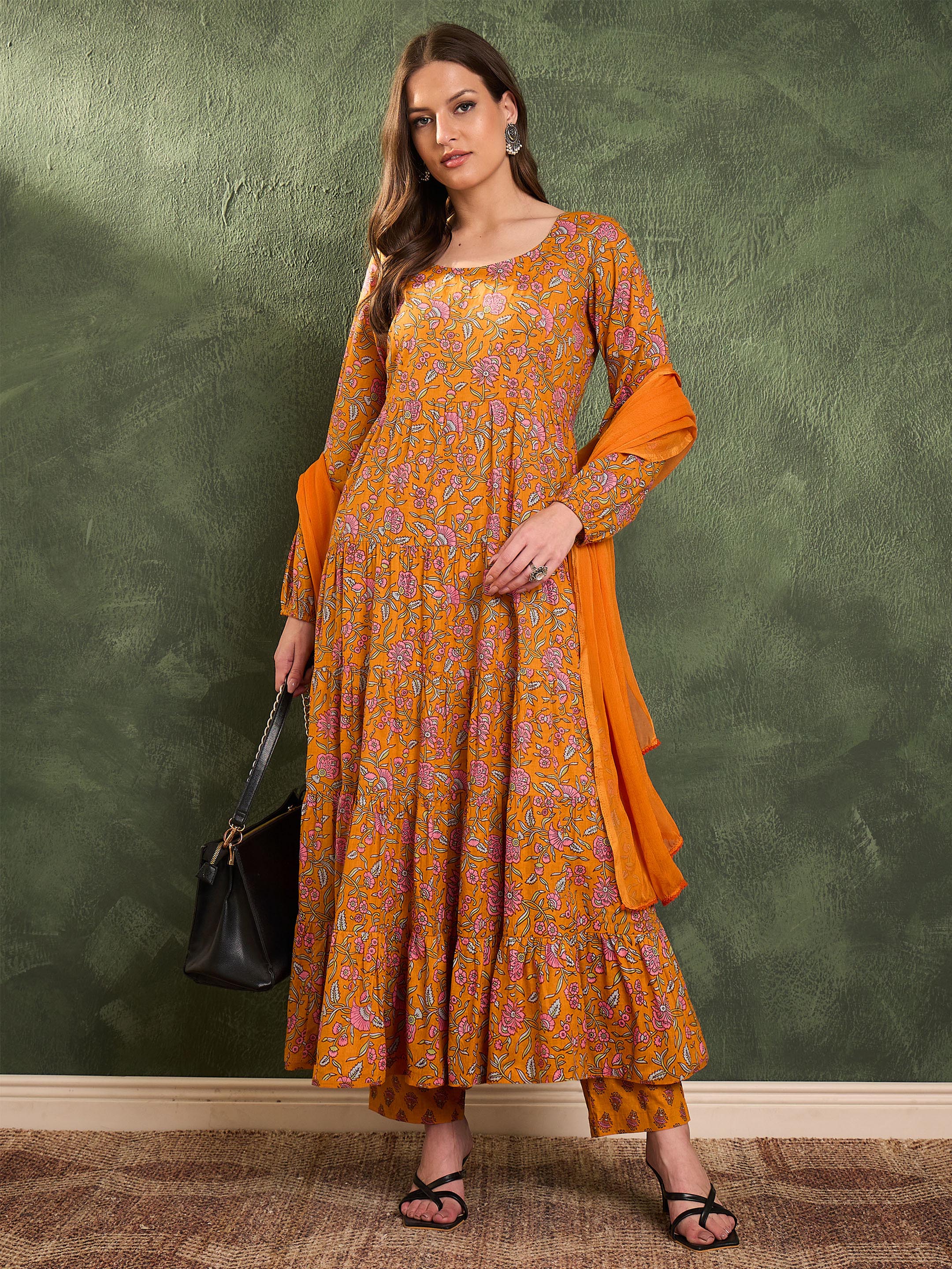 Women's Mustard Floral Tiered Anarkali Kurta Set with Dupatta
