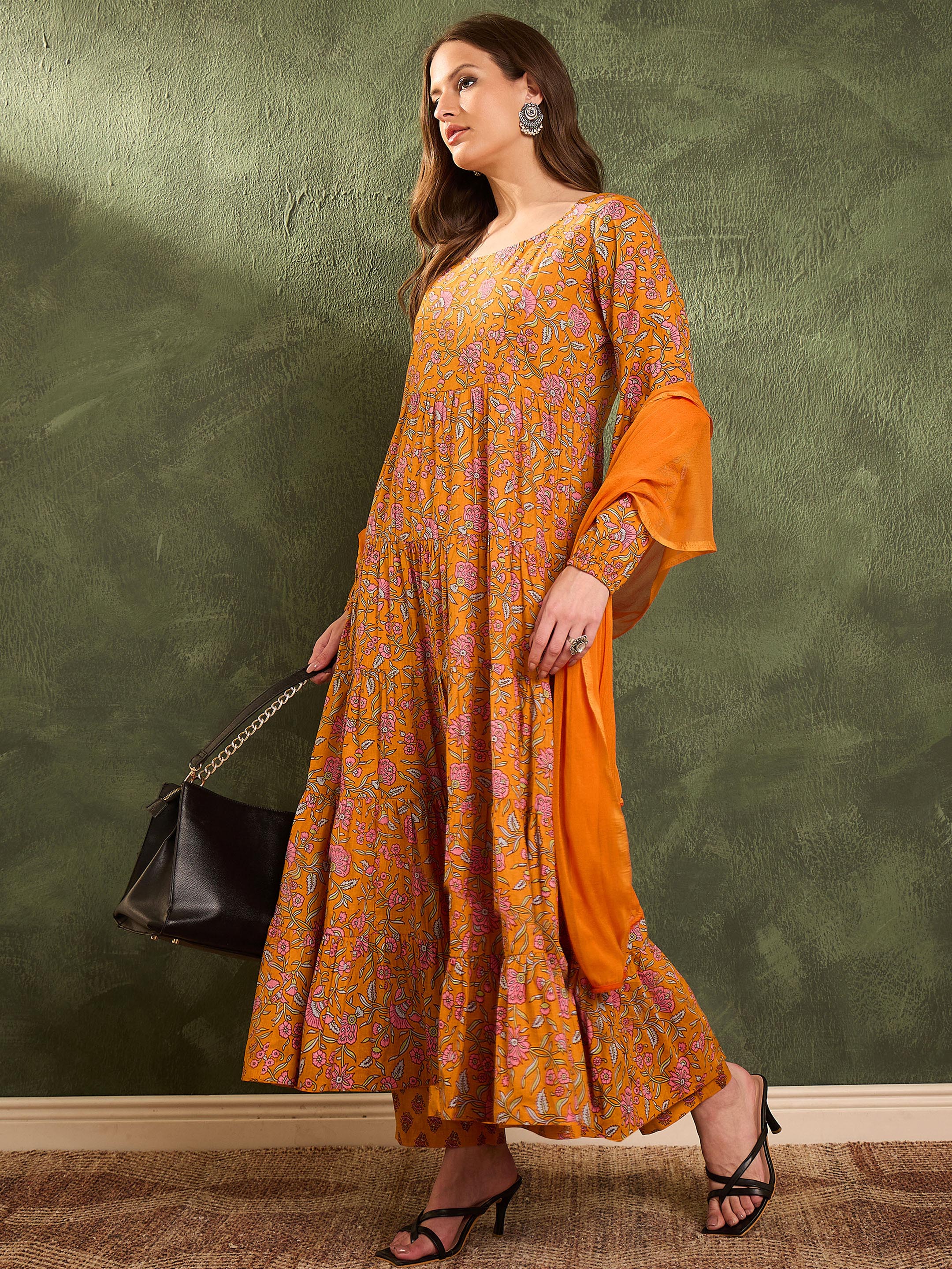 Women's Mustard Floral Tiered Anarkali Kurta Set with Dupatta