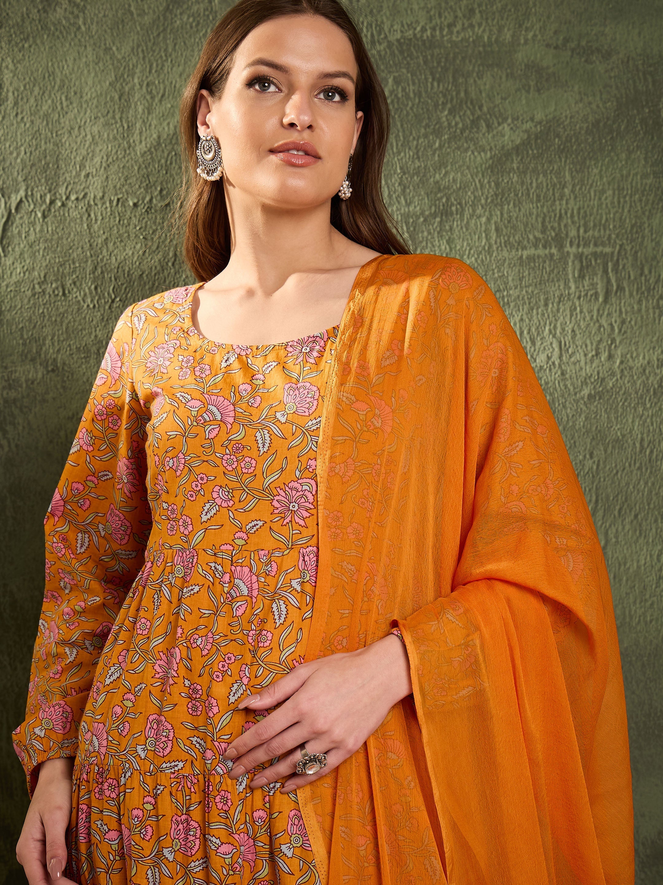 Women's Mustard Floral Tiered Anarkali Kurta Set with Dupatta