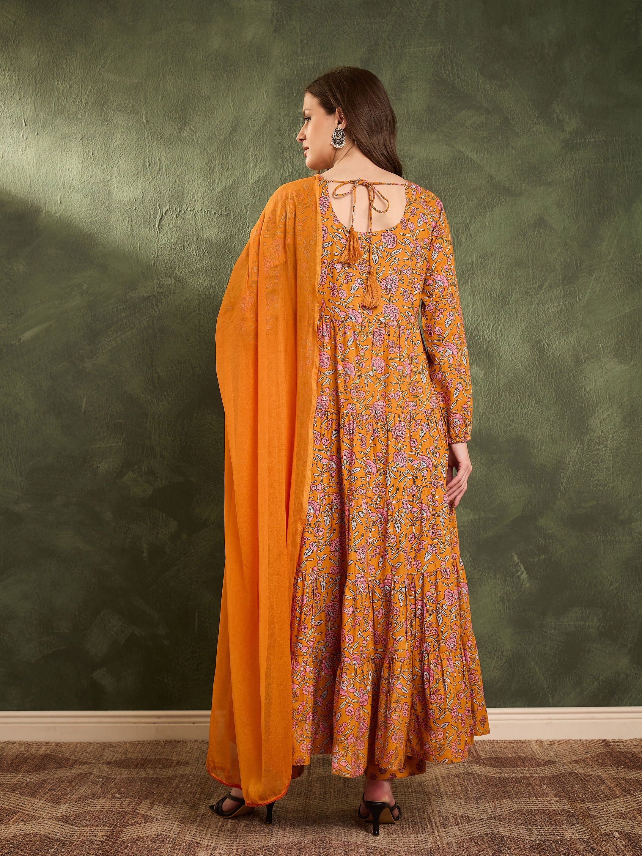Women's Mustard Floral Tiered Anarkali Kurta Set with Dupatta