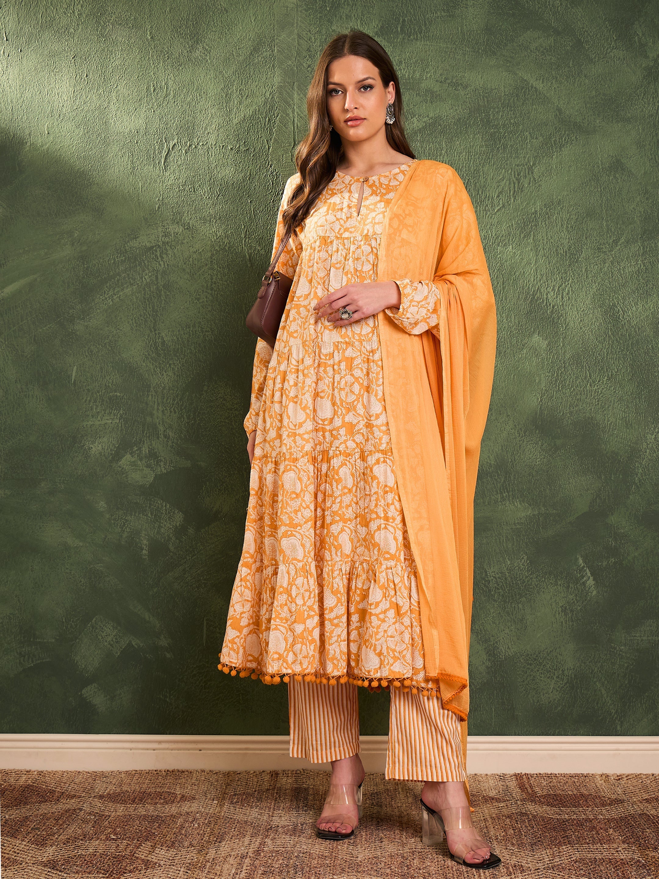 Women's Yellow Floral Tiered Anarkali Kurta Set with Dupatta