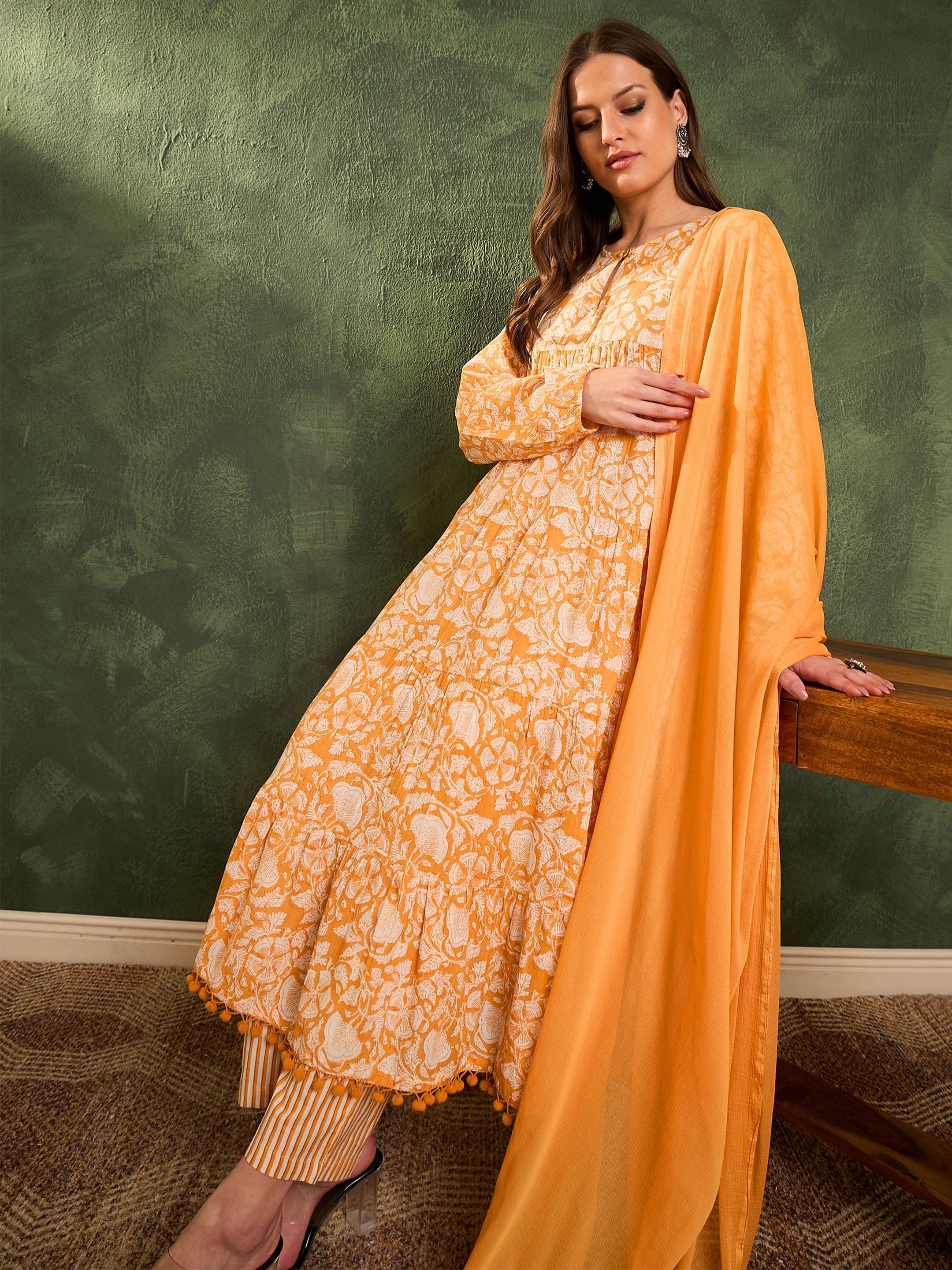 Women's Yellow Floral Tiered Anarkali Kurta Set with Dupatta