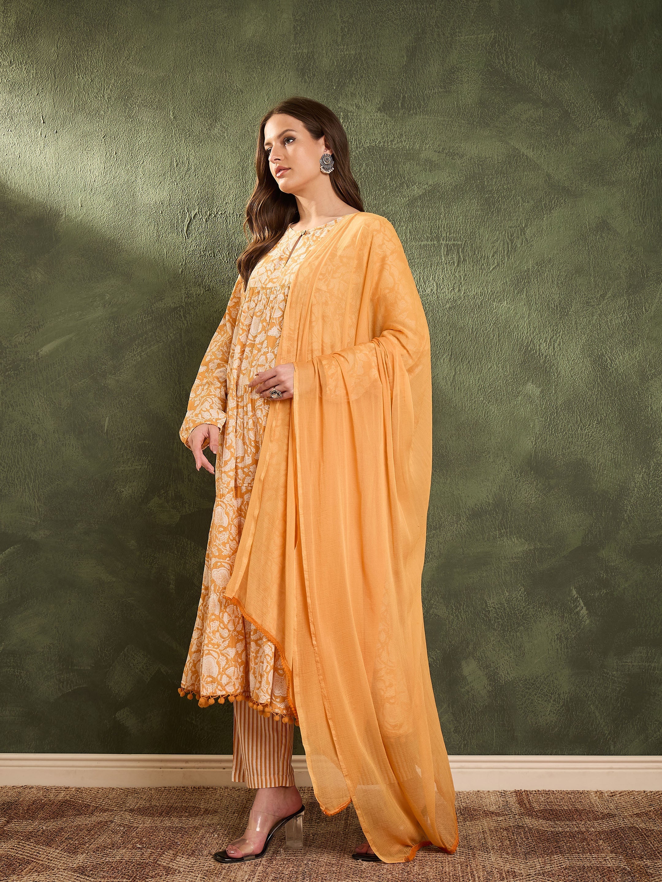 Women's Yellow Floral Tiered Anarkali Kurta Set with Dupatta