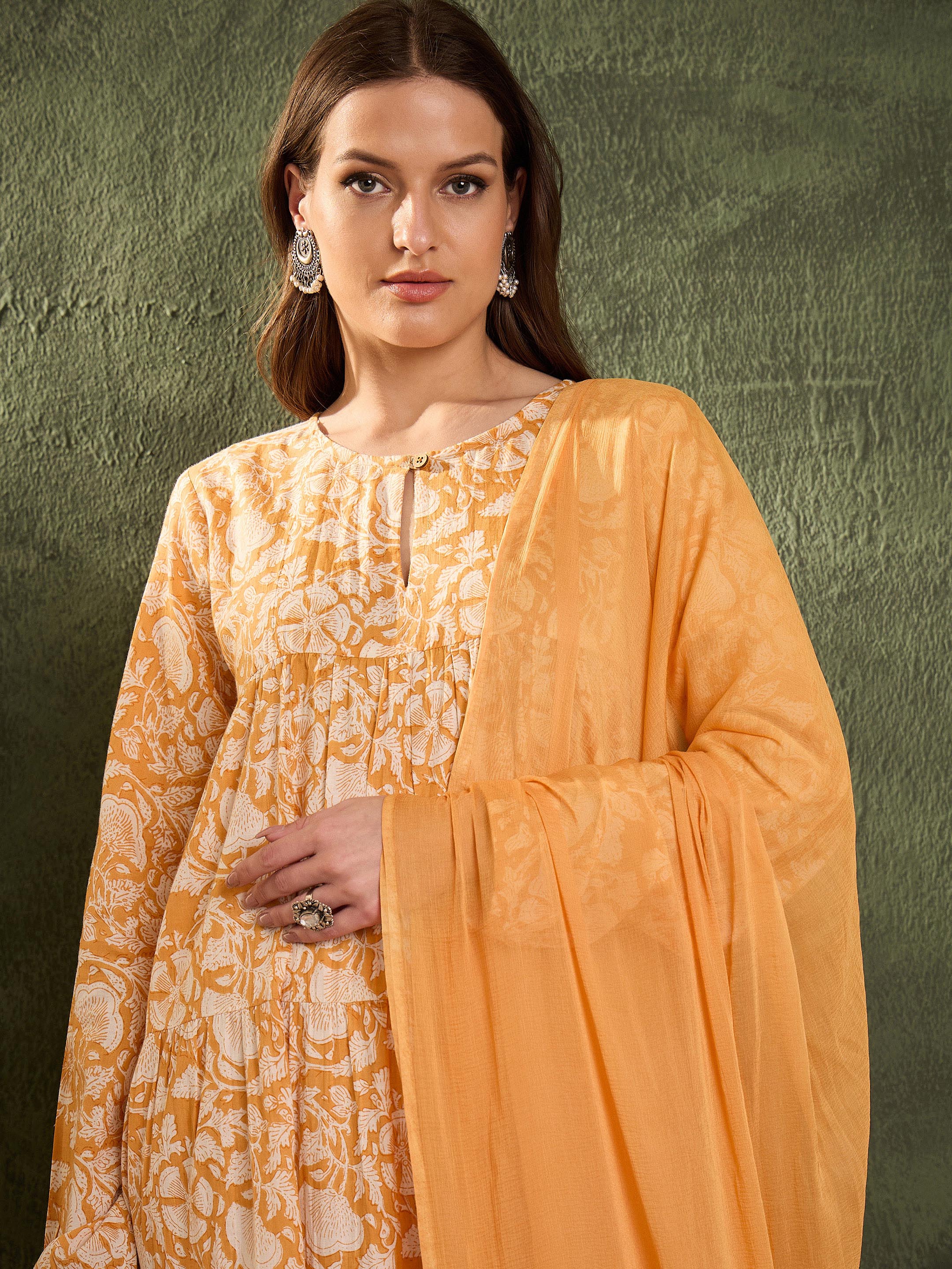 Women's Yellow Floral Tiered Anarkali Kurta Set with Dupatta