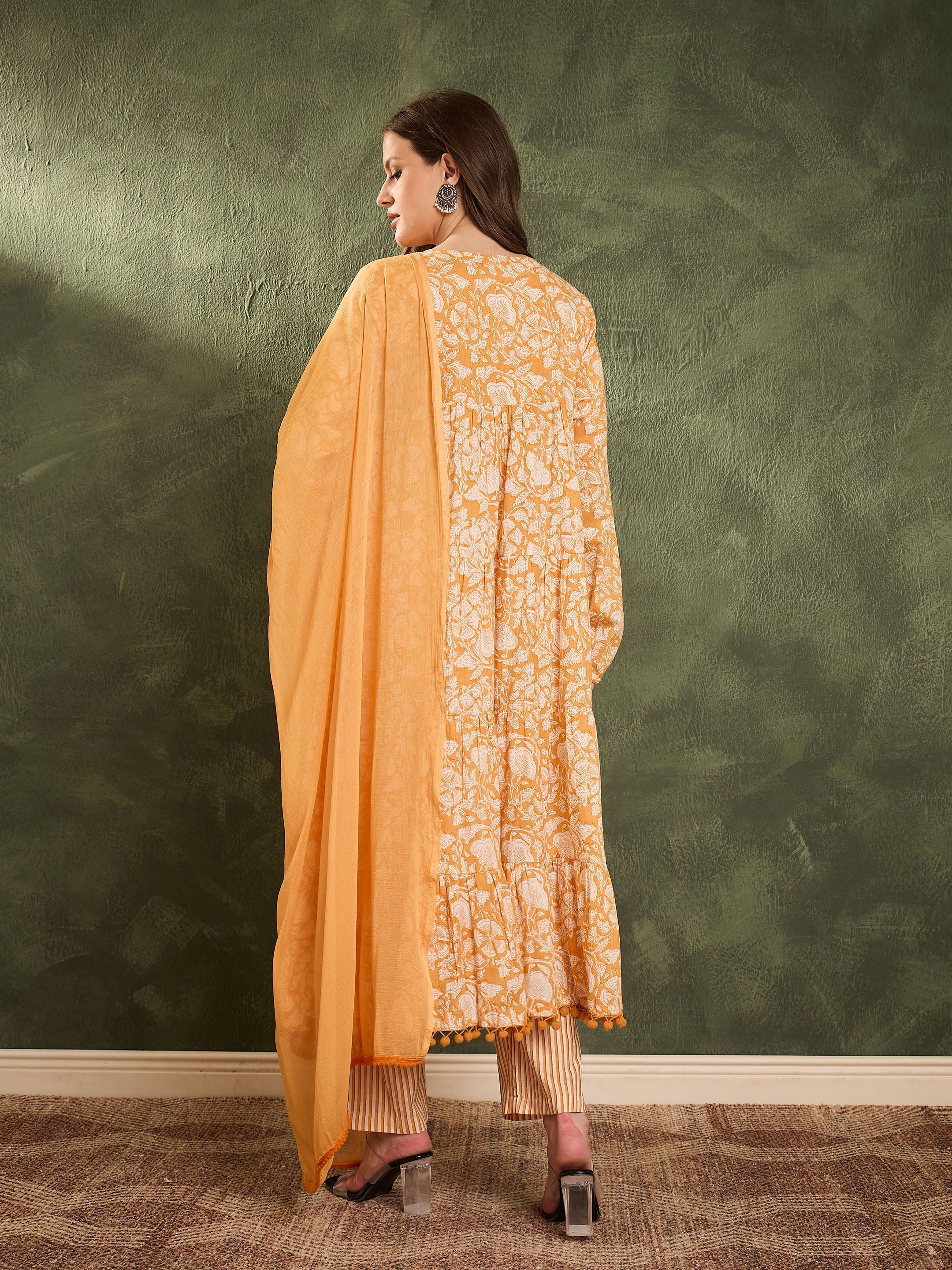 Women's Yellow Floral Tiered Anarkali Kurta Set with Dupatta
