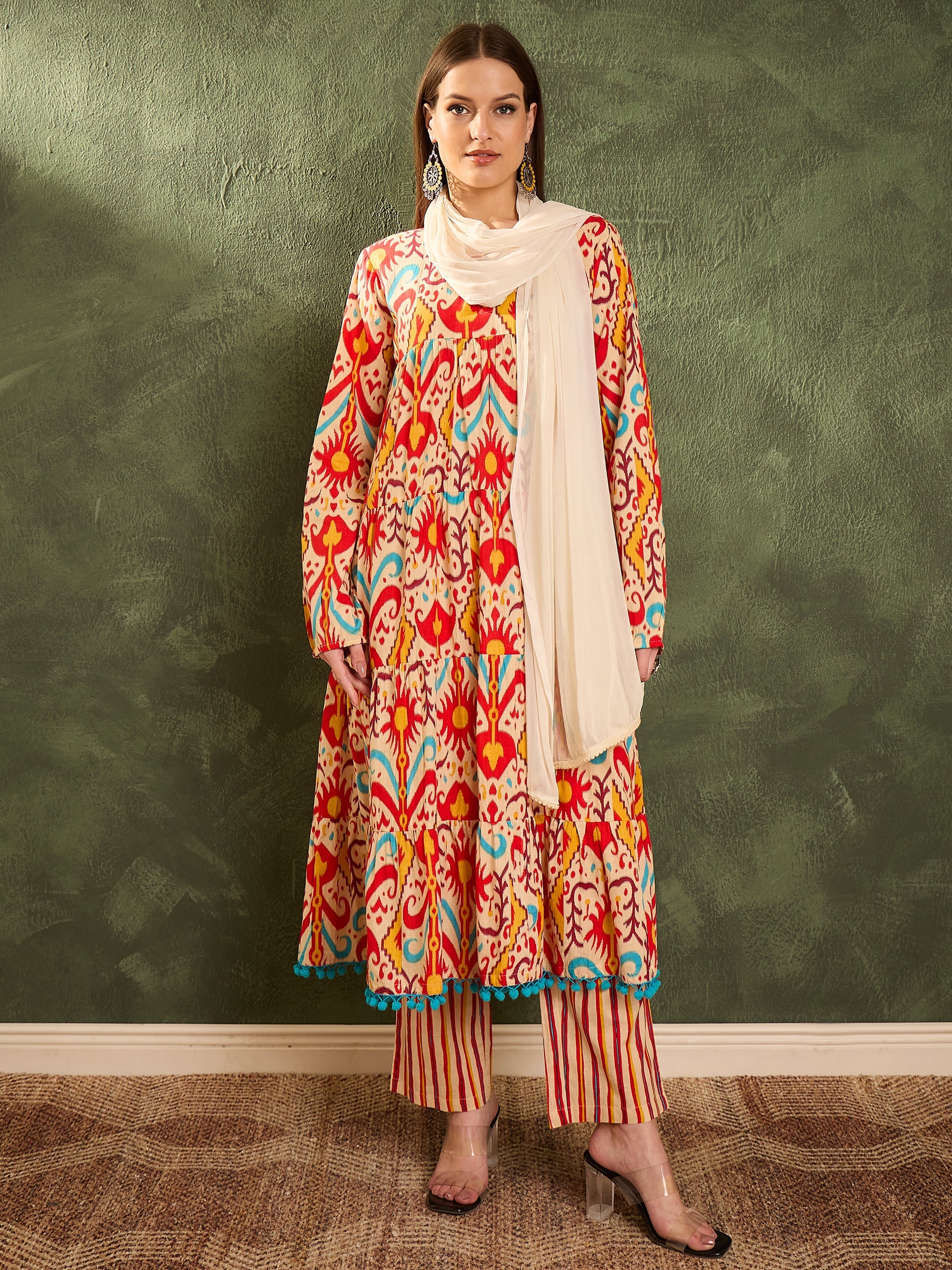 Women's Red & Beige Ikat Tiered Anarkali Kurta Set with Dupatta