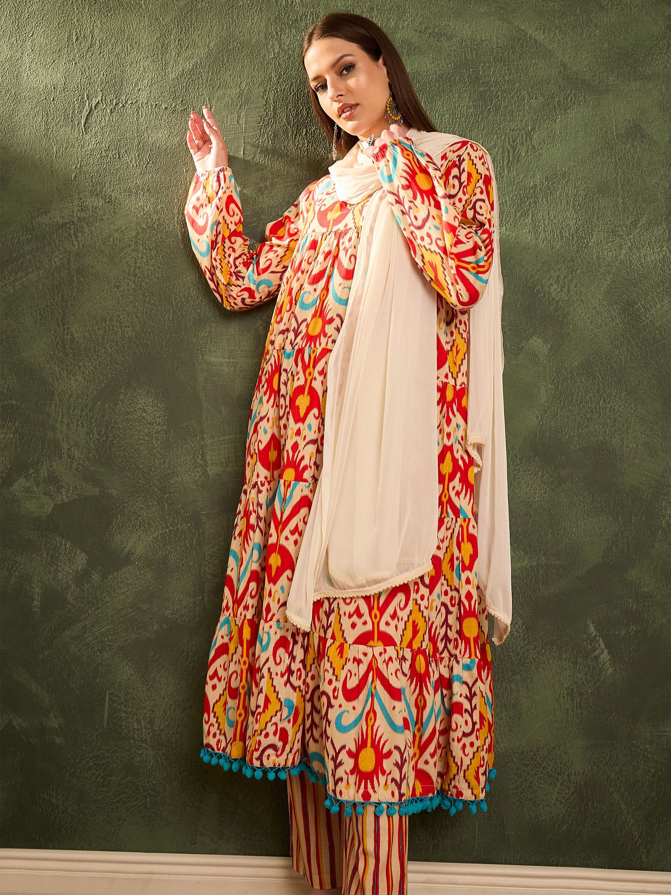 Women's Red & Beige Ikat Tiered Anarkali Kurta Set with Dupatta