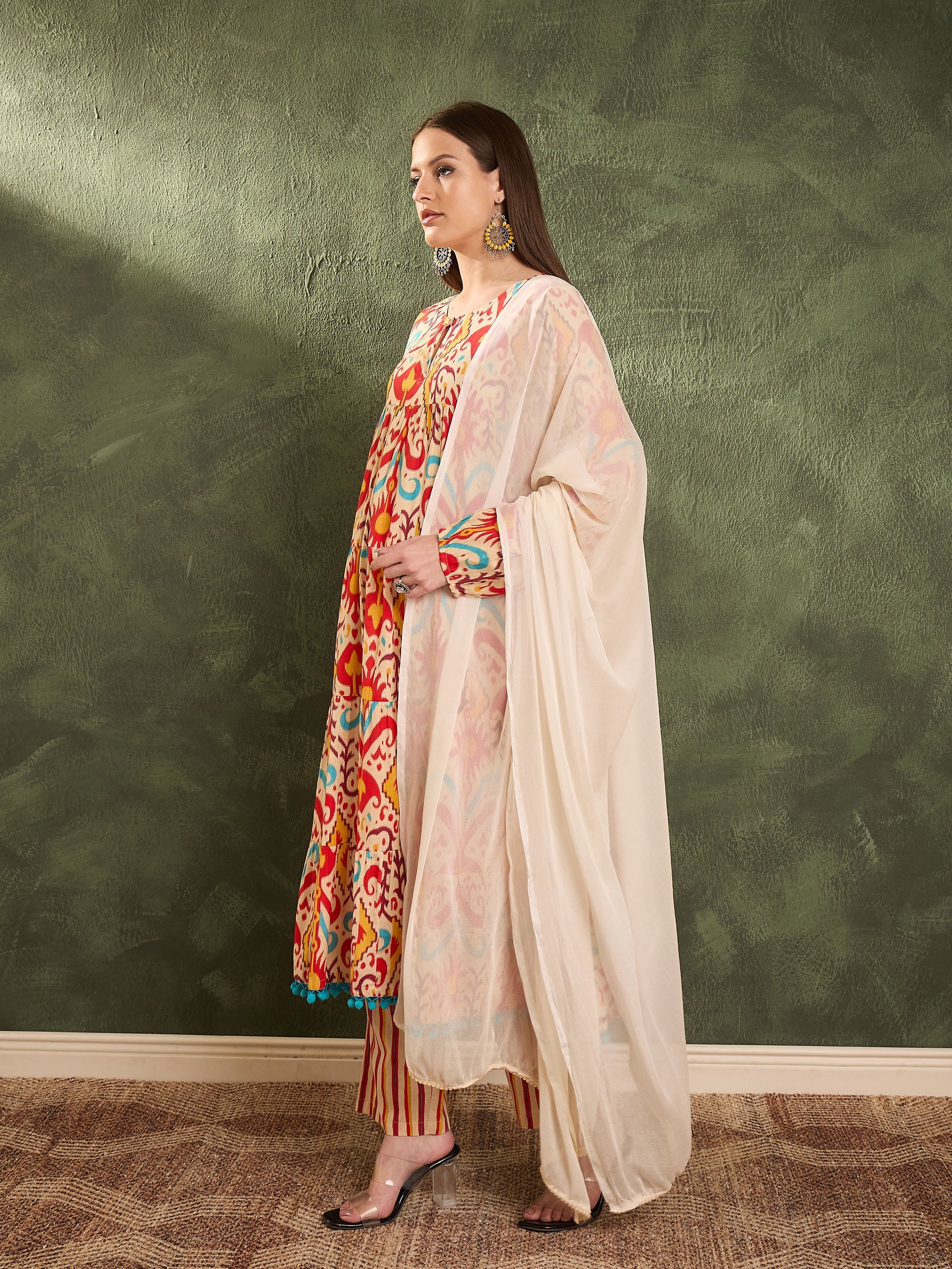 Women's Red & Beige Ikat Tiered Anarkali Kurta Set with Dupatta