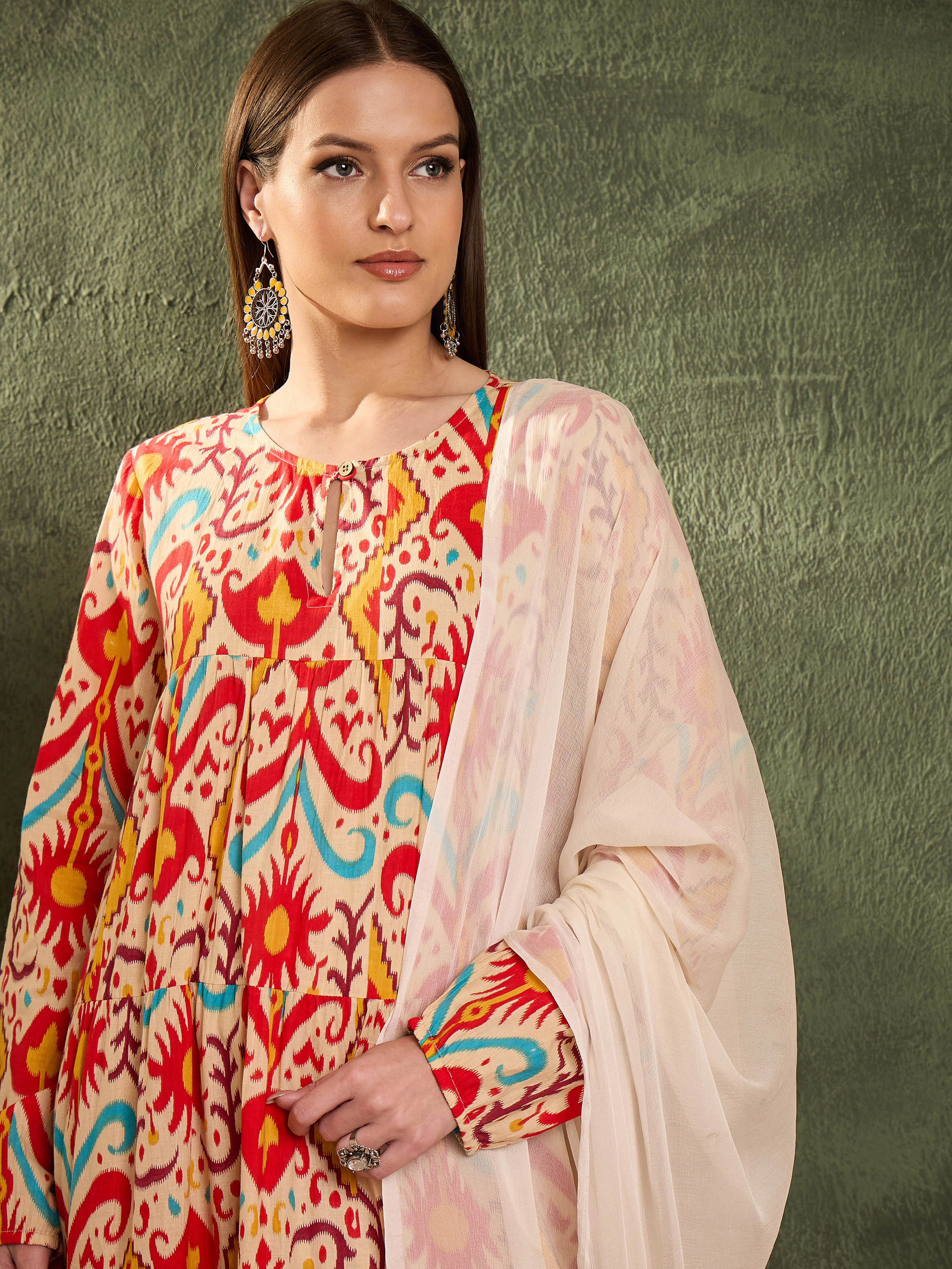 Women's Red & Beige Ikat Tiered Anarkali Kurta Set with Dupatta