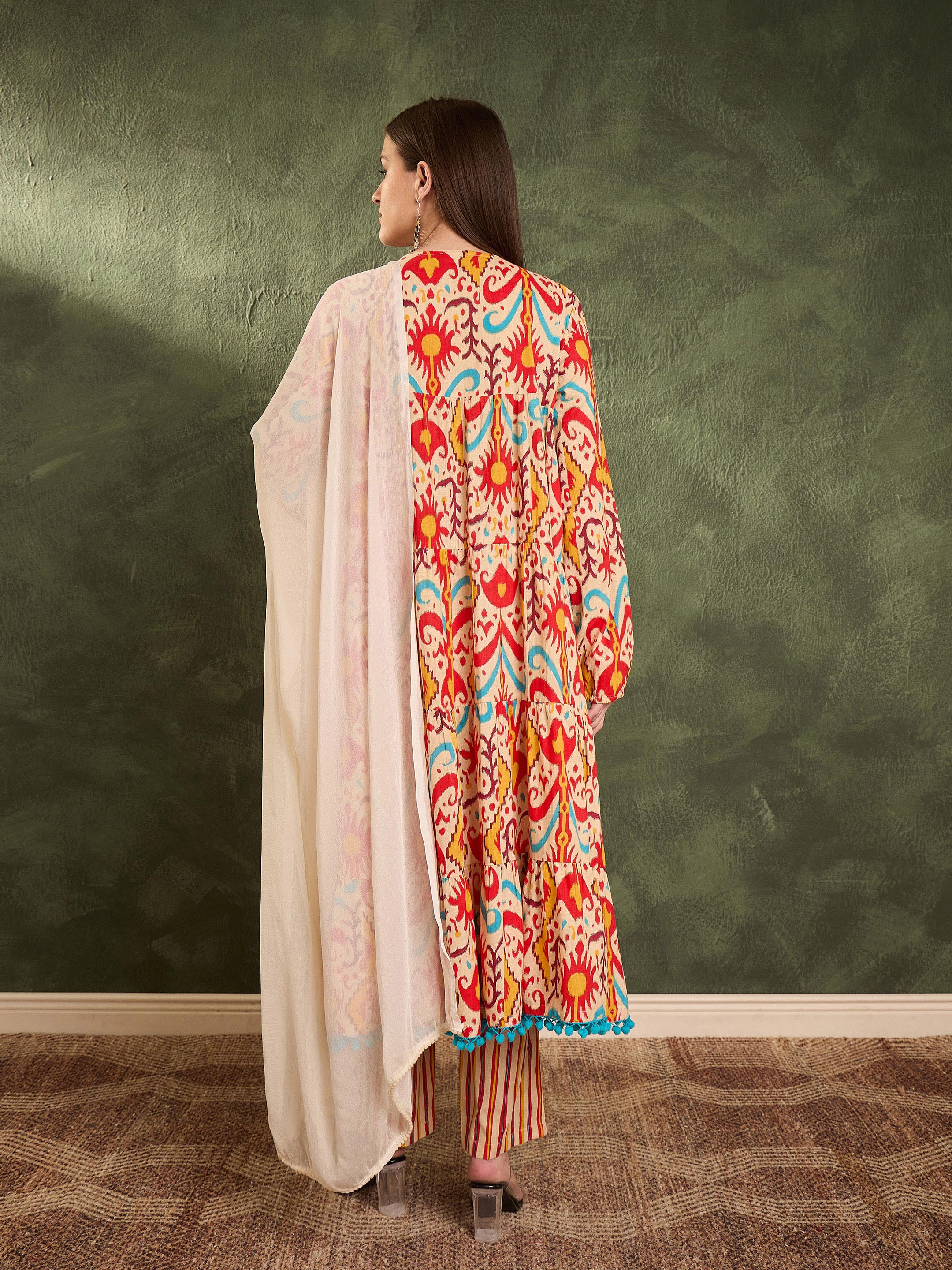 Women's Red & Beige Ikat Tiered Anarkali Kurta Set with Dupatta