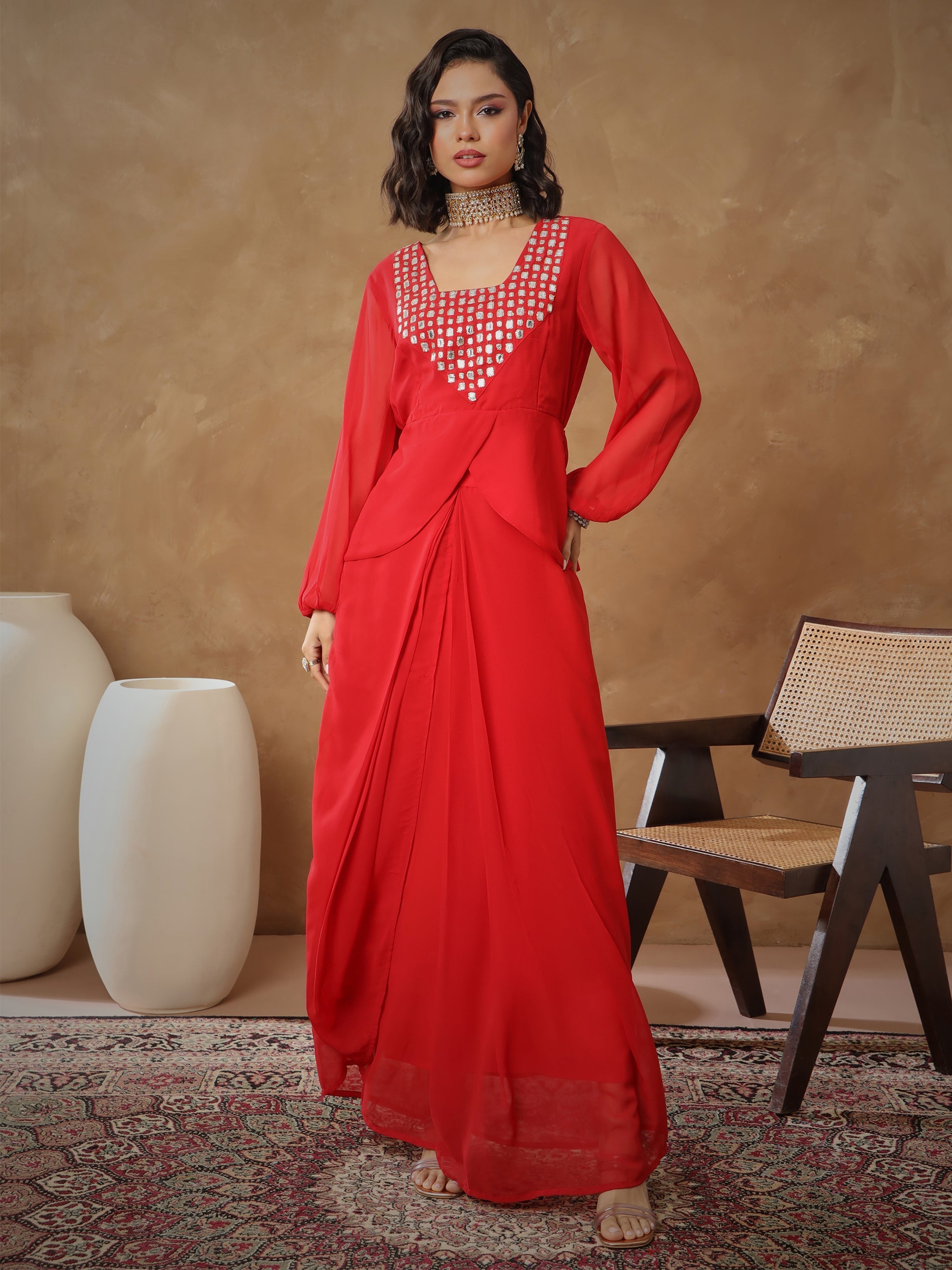 Women's Red Embroidered Square Neck Top With Drape Skirt