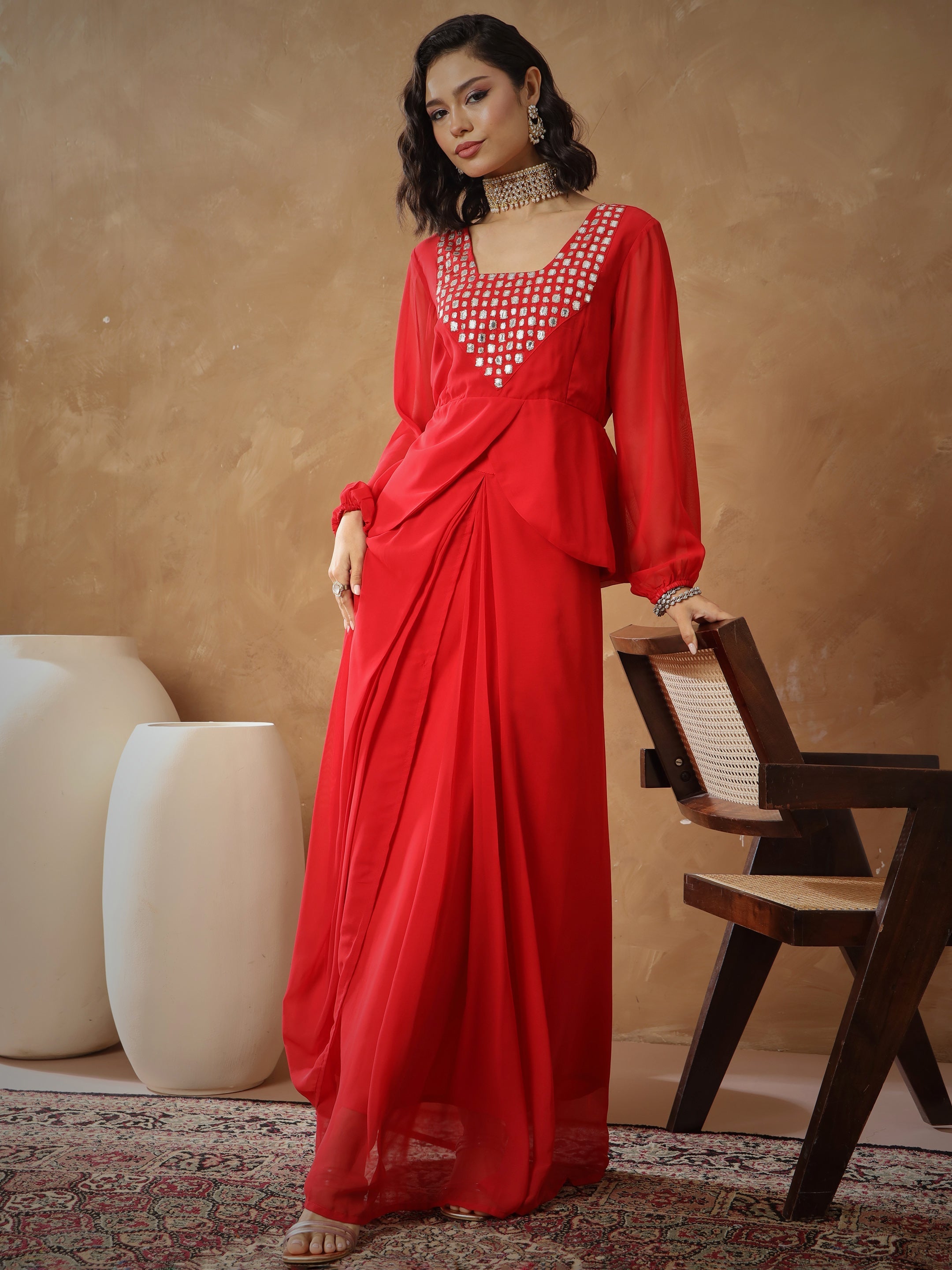 Women's Red Embroidered Square Neck Top With Drape Skirt