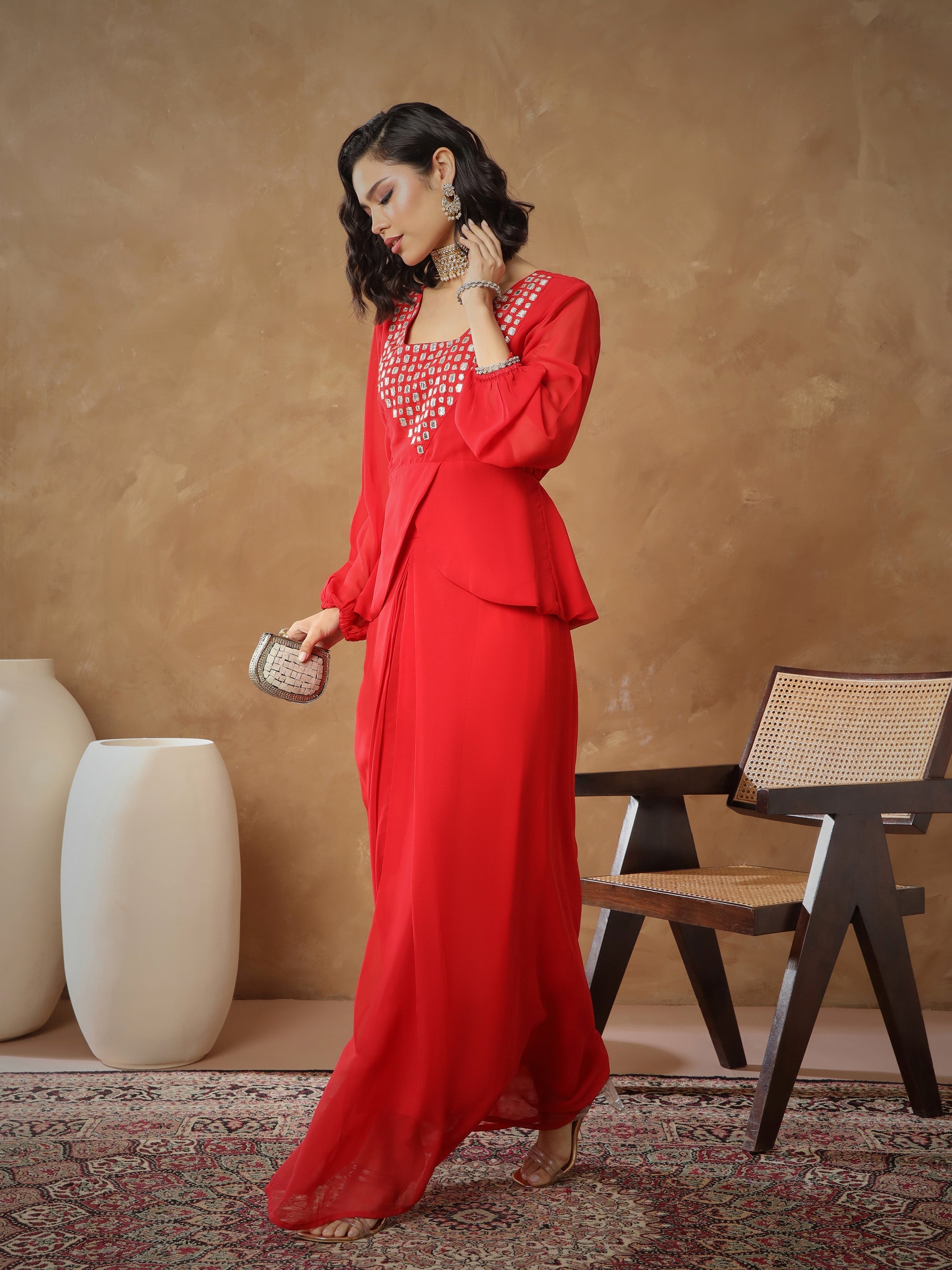 Women's Red Embroidered Square Neck Top With Drape Skirt