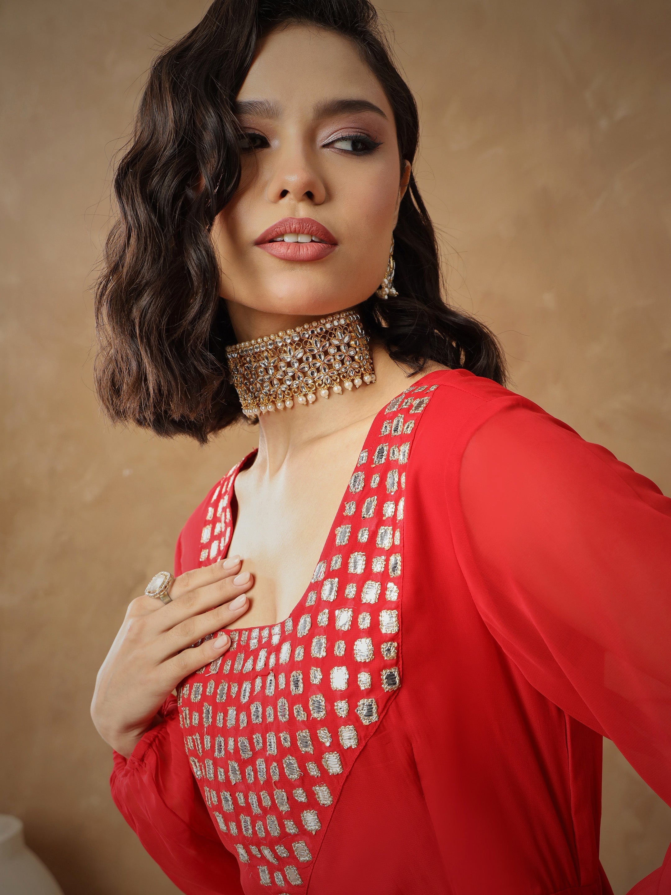 Women's Red Embroidered Square Neck Top With Drape Skirt
