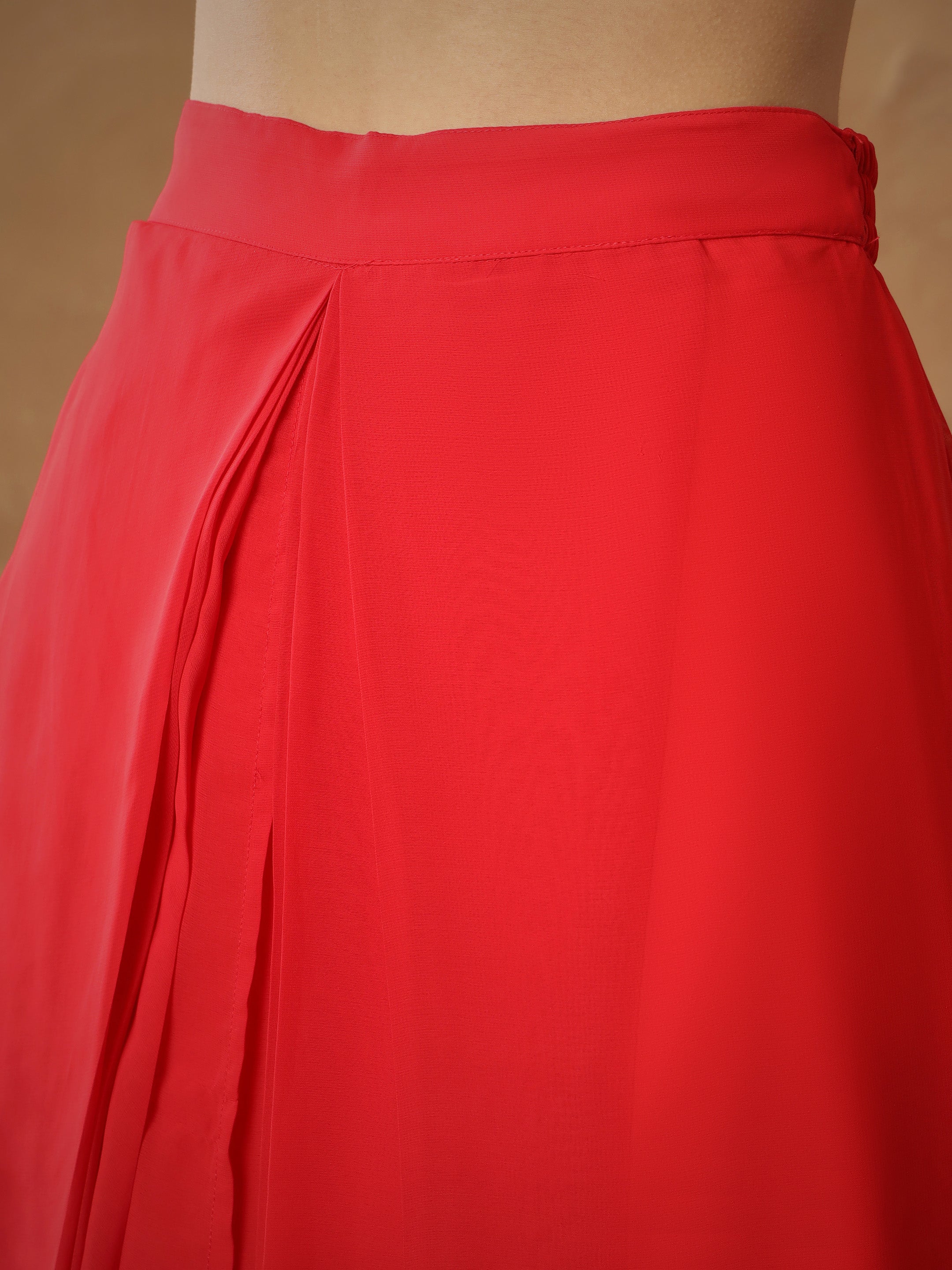 Women's Red Embroidered Square Neck Top With Drape Skirt