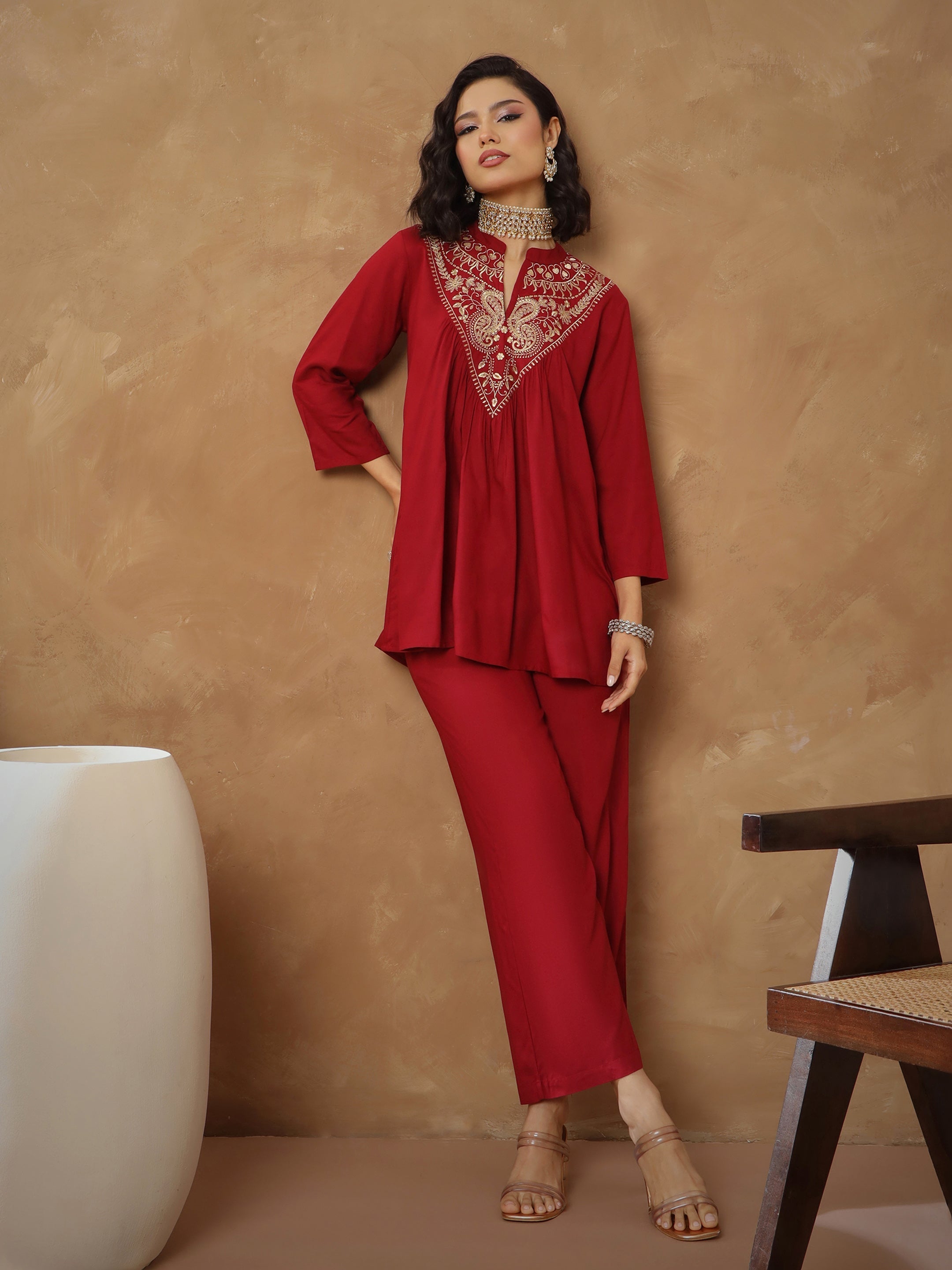 Women's Maroon Embroidered Peplum Top With Pants